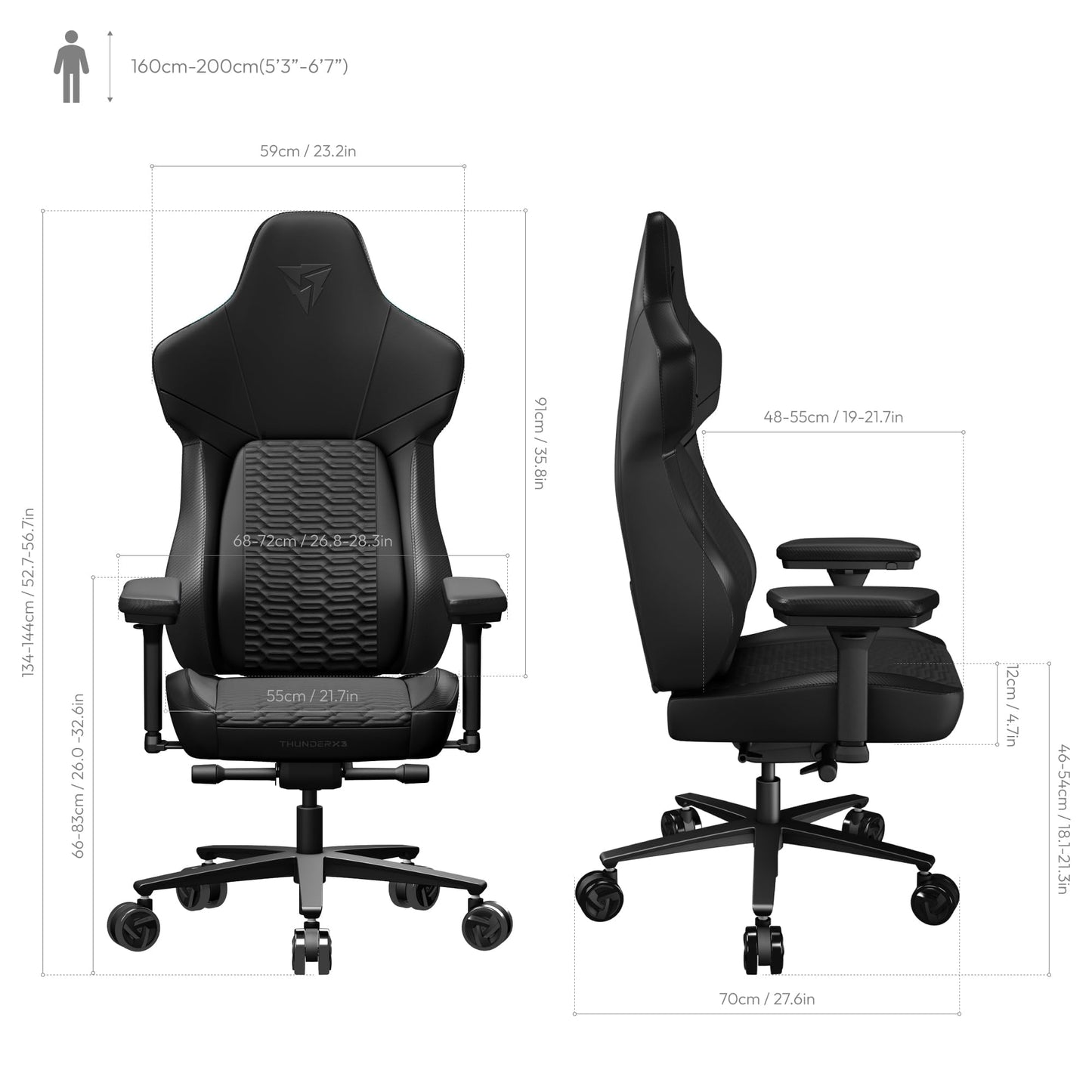 ThunderX3 CORE Gaming Chair, for Adults Ergonomic Office Chair, High Back Desk Chair, Synchronous Tilt, Forward Tilt, 360° Self-Adjusting Lumbar Support, Multipurpose Footrest, Leather, Racer Black