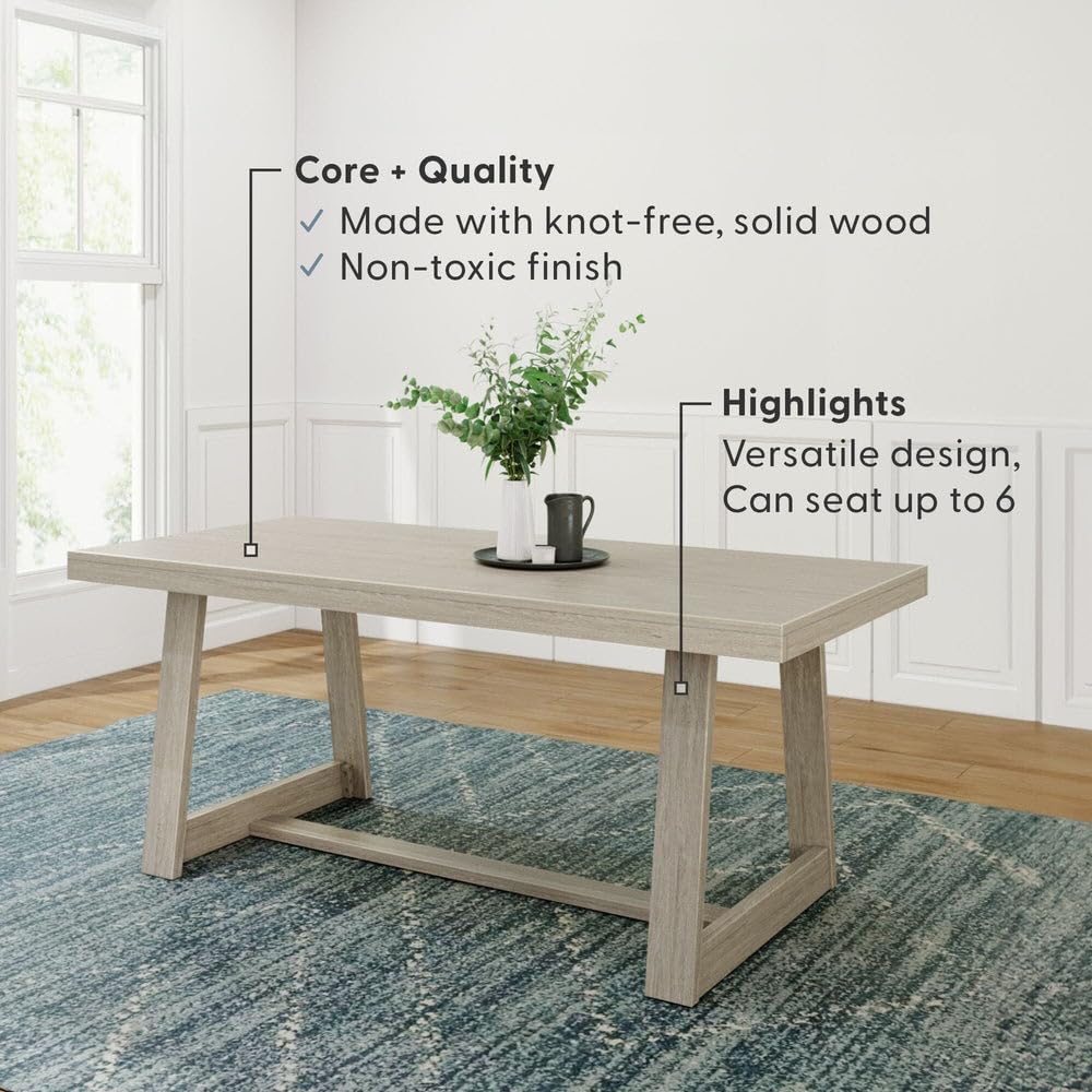 Plank+Beam 72 Inch Farmhouse Dining Table, Solid Wood Rustic Kitchen Table, Large Wooden Rectangular Dinner Table for Dining Room, Home Office, Living Room Furniture, Easy Assembly, Seashell Wirebrush