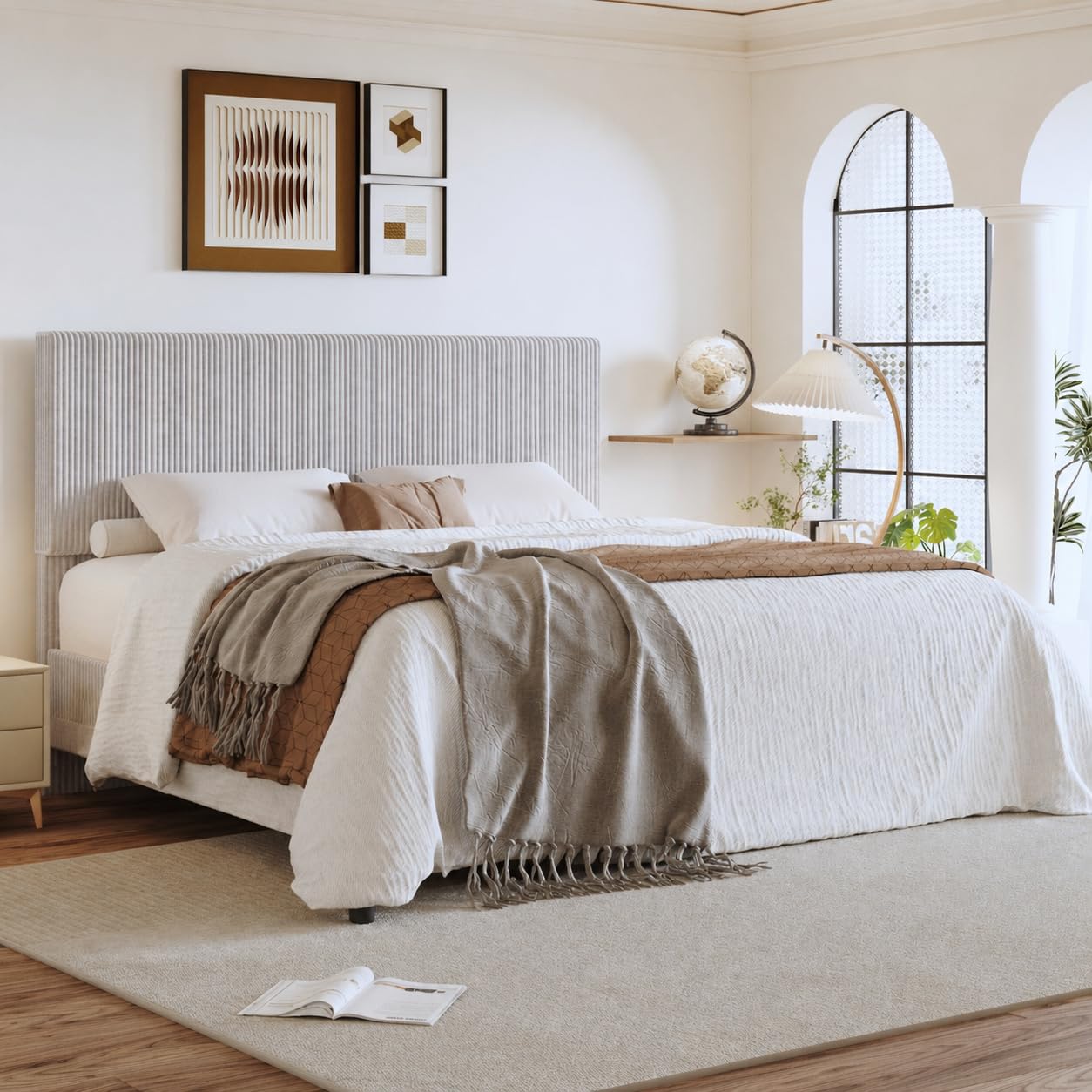 SHA CERLIN King Bed Frame, Velvet Platform Bed Frame with Vertical Channel Tufted Headboard, Upholstered Corduroy, Strong Wooden Slats, No Box Spring Needed, Easy Assembly, Light Grey