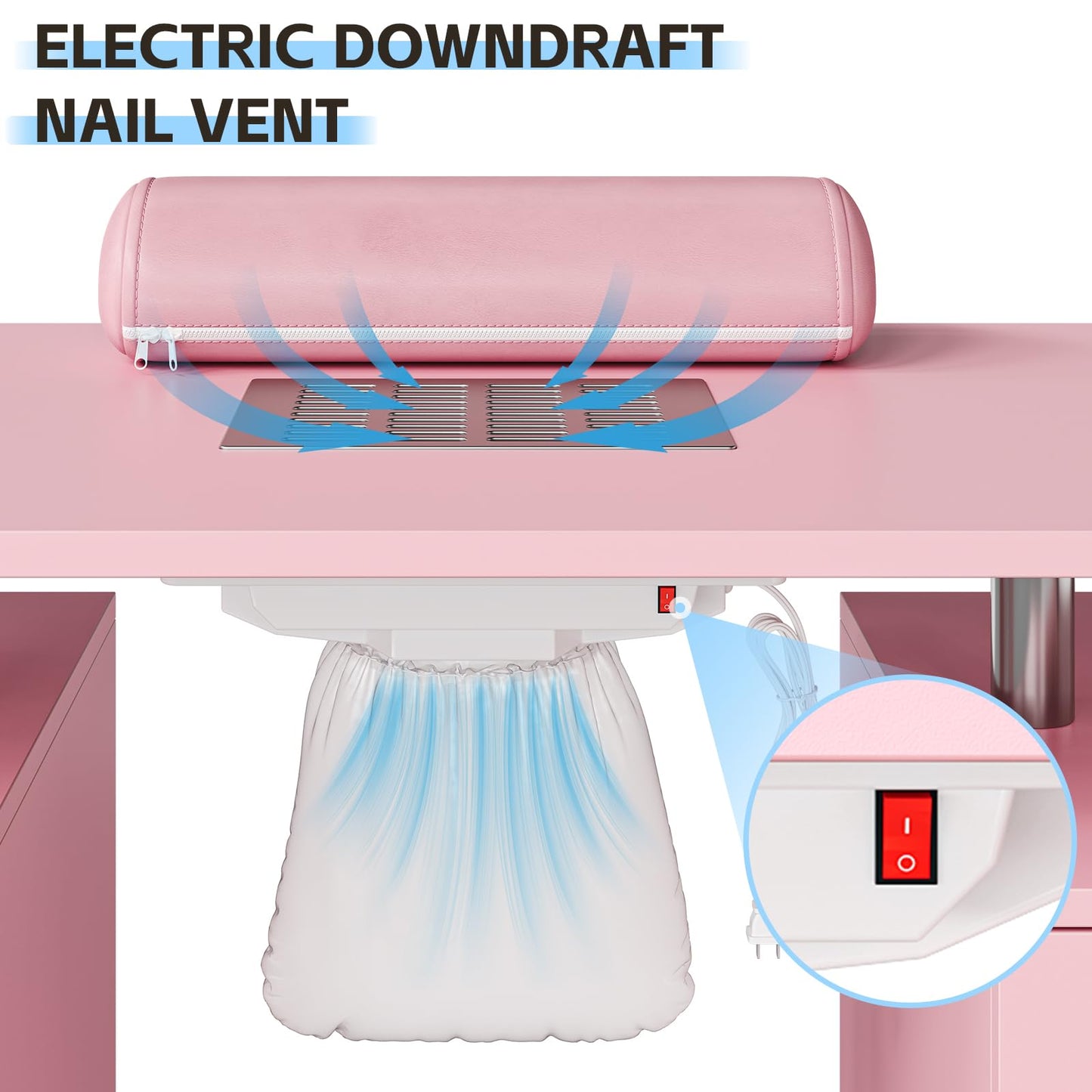Manicure Table with Dust Collector, 42" Nail Desk for Nail Tech with Lockable Wheels, 4 Storage Drawers, Arm Rest, Acetone Resistant Top and Storage Cabinet Pink