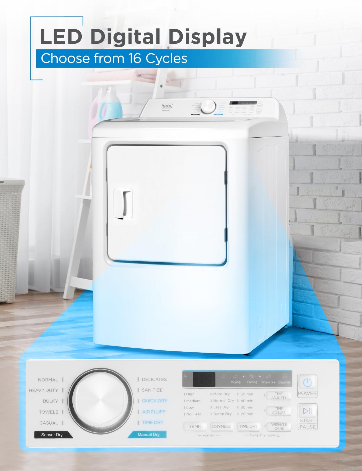BLACK+DECKER 7.0 Cu. Ft. Front Load Dryer, Electric Clothes Dryer with LED Display and Dial Control, 5 Sensor and Manual Dry Selections, 240V, Requires Professional Installation, BLD67ME, White