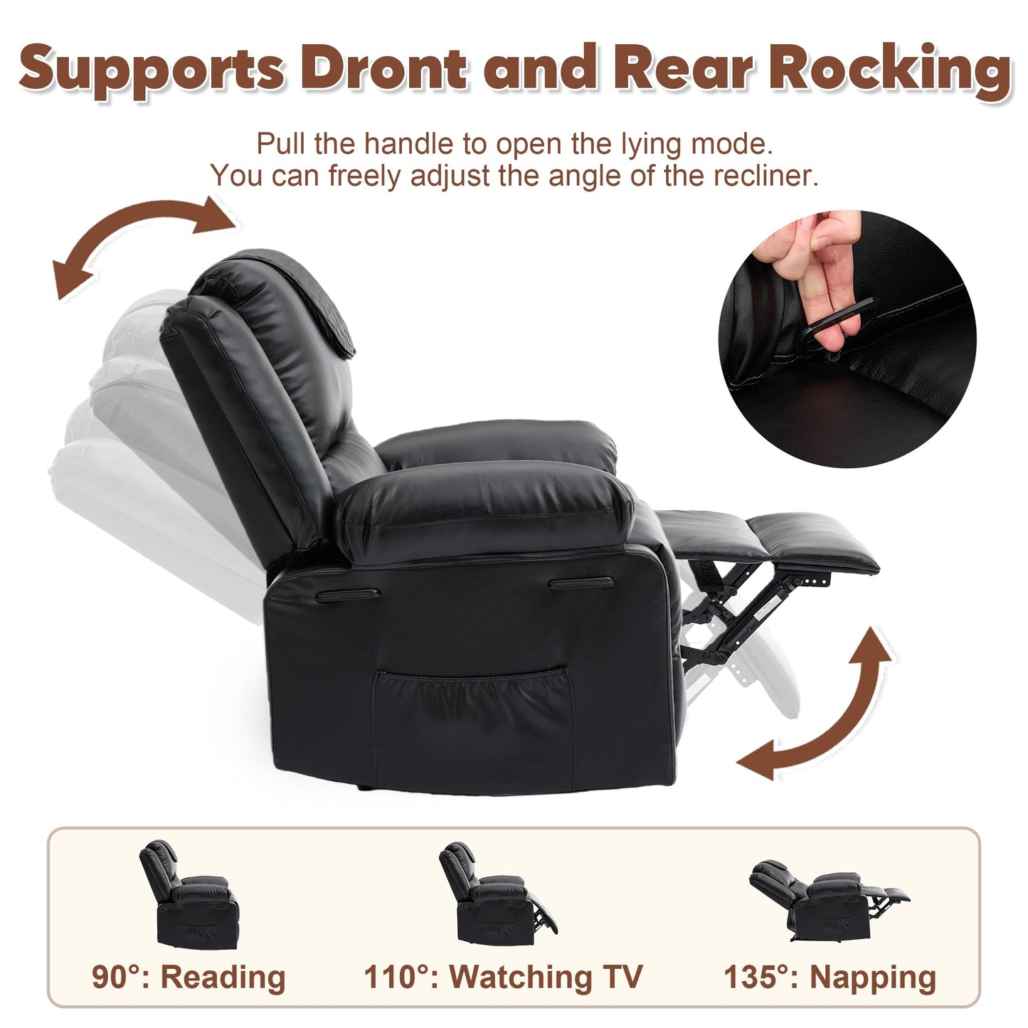 Manual Recliner Chair for Adults - 135° Front & Rear Adjustable, with Heating & Massage, Side Storage Pockets & Remote Control, Ideal for Living Room & Bedroom(Black)