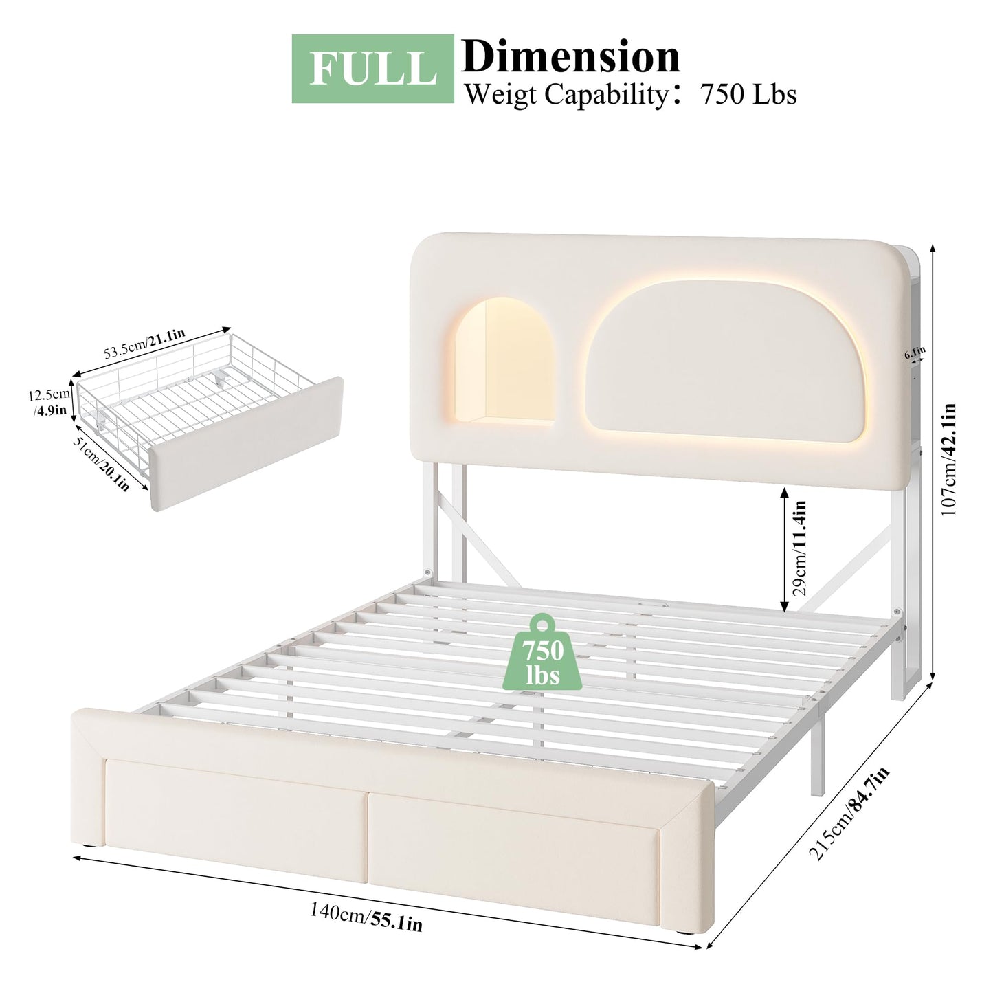 Keyluv Full Size LED Bed Frame with Storage Bookcase Headboard, Charging Station, Velvet Upholstered Platform Bed with 2 Drawers & USB Ports, Sturdy Metal Support, No Box Spring Required, Beige