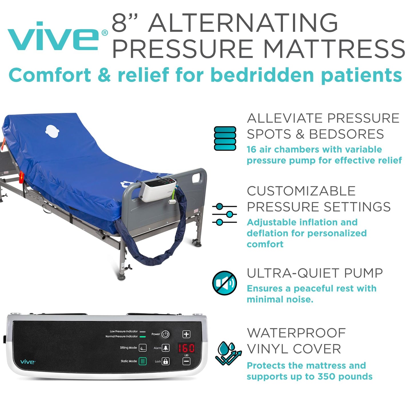 Vive 8" Alternating Pressure Mattress - Low Air Loss Hospital Replacement Mattress - Medical Bed Topper for Pressure Ulcers and Bed Sores - Variable, Inflatable Pressure Pump System