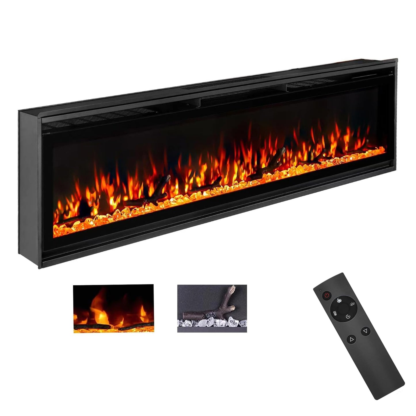 TUAN 60 Inch Electric Fireplace,Ultra-Thin Electric Fireplace Inserts,Recessed & Wall-Mounted Fireplace, Adjustable Flame, Remote Control - Linear with Timer, 750/1500W