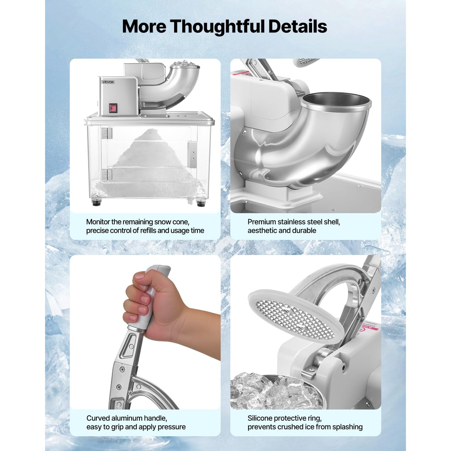 VEVOR 110V Commercial Ice Crusher 661LBS/H, ETL Approved 300W Electric Snow Cone Machine with Dual Blades, Stainless Steel Shaved Ice Machine with Safety On/Off Switch for Family, Restaurants, Bars