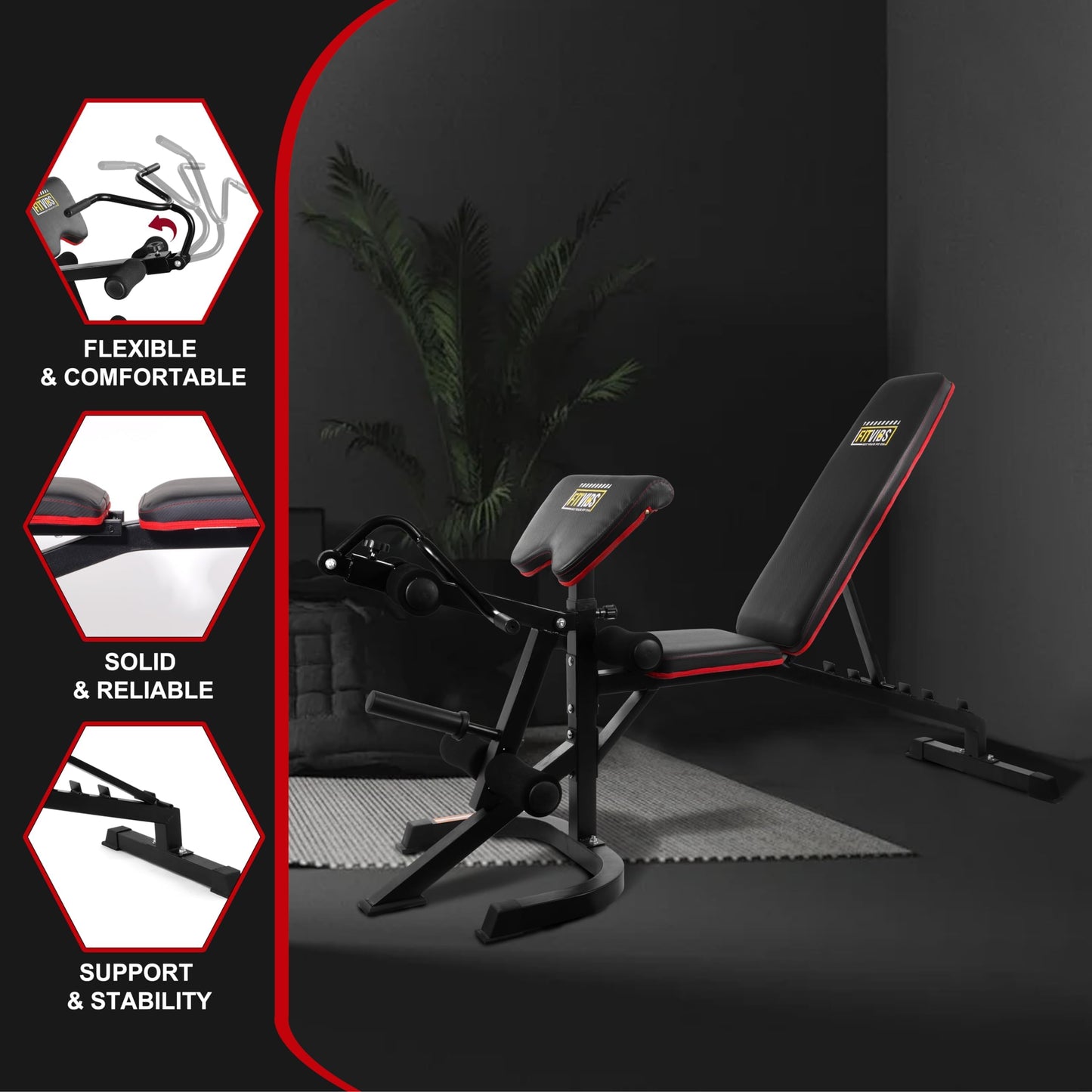 Fitvids Adjustable Weight Bench for Home Gym, 6-Position Utility Workout Bench with Leg Extension and Curl Machine, Preacher Pad, V-Handle, Weight Plate Holder, Heavy Duty Frame for Full Body Exercise
