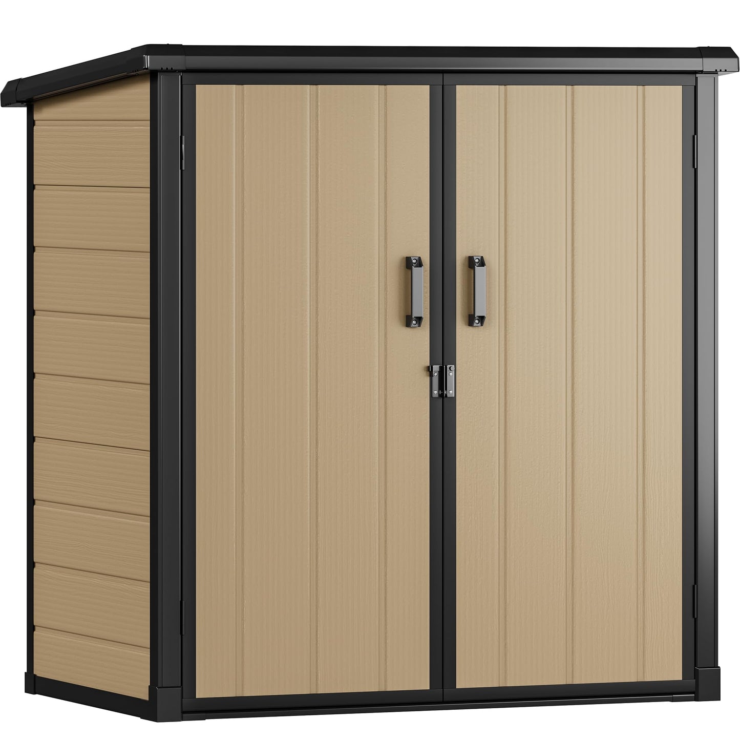 DWVO 4.2x2.6ft Outdoor Storage Shed with 2 Shelves, 54 Cu Ft Waterproof Resin Garden Shed with Floor & Lockable Door, Plastic Tool Cabinet for Garbage Cans, Lawn Equipment, Garden Supplies (Brown)