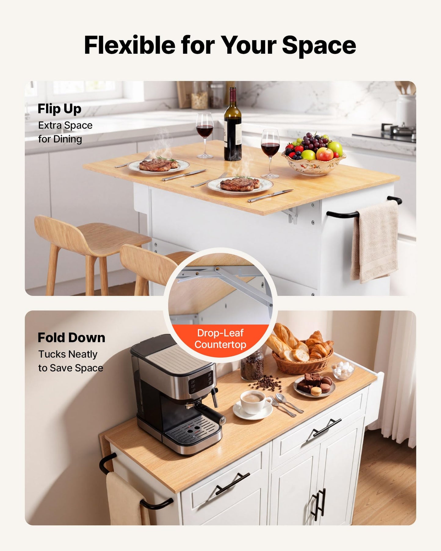 VEVOR Kitchen Island Cart with Storage, 46.06 in Wide Mobile Rolling Storage Island on Swivel Wheels, with Drawer, Storage Cabinet, Drop Leaf, Spice/Towel Rack, Table for Home Dining Room, White
