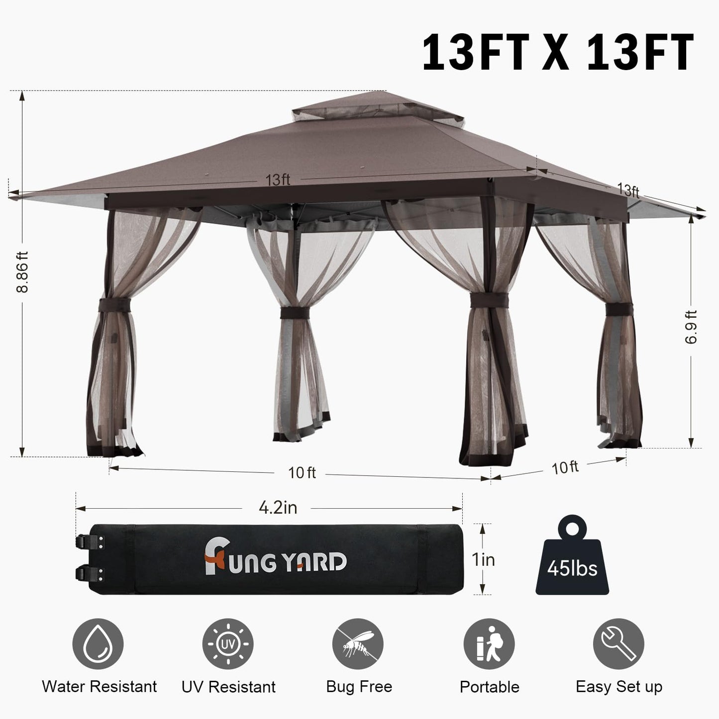 13x13 Outdoor Patio Gazebo with Mosquito Nettings - Double Roof Pop Up Canopy Tent with Wheeled Carry Bag, for Backyard Deck Lawns Garden (Brown, 13X13)