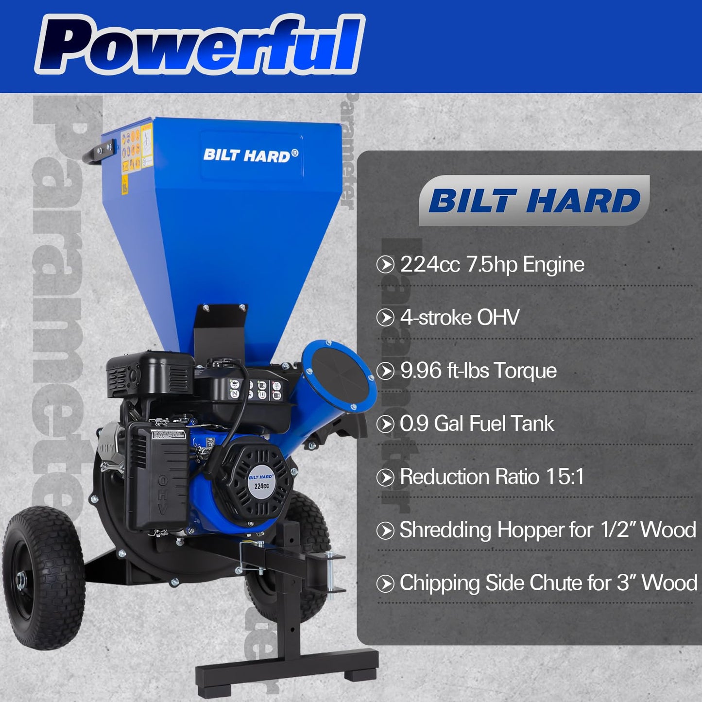 BILT HARD Wood Chipper with Tow Hitch - 7.5 HP 224cc Gas Powered Shredder Towable, 3 in 1 Multi-Function Heavy Duty, 3" Max Wood Diameter Capacity with Collection Bag