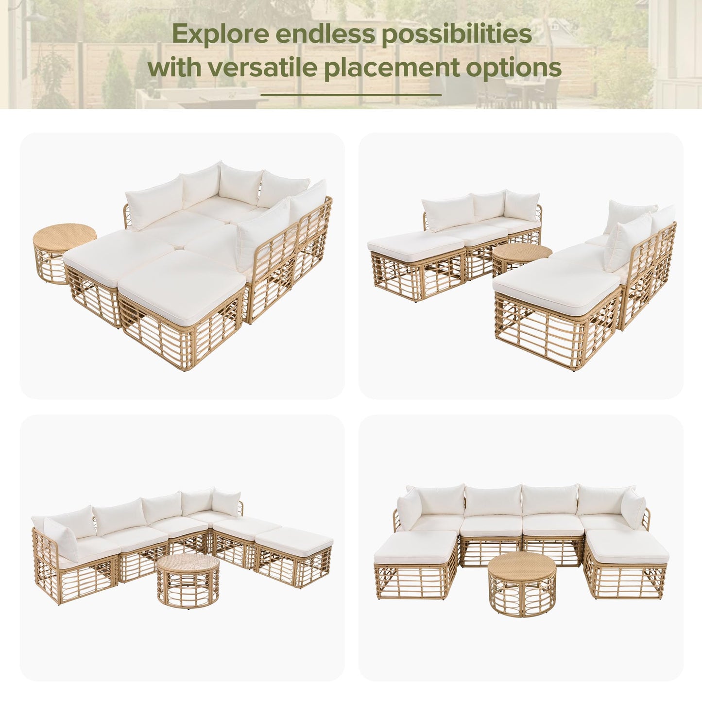 7 Pieces Outdoor Patio Rattan Sectional Sofa Set, Beige All-Weather Wicker Conversation Furniture with Thick Cushions, Modular Garden Seating, Freely Combined Lounge Set with Round Coffee Table