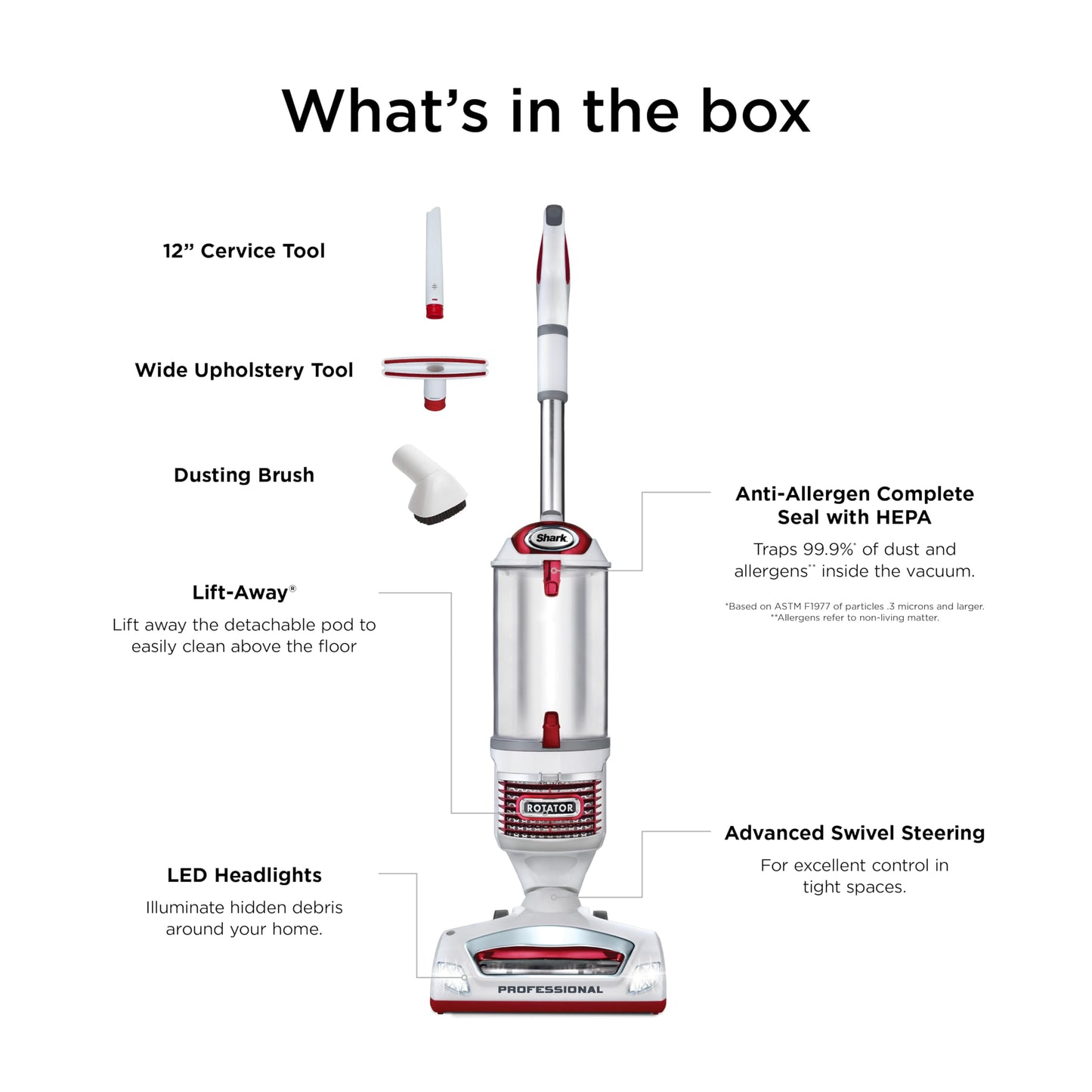Shark Upright Vacuum Cleaner | Rotator Lift-Away | Pet Hair, Carpet & Hard Floor Cleaning | Dusting Brush, Upholstery & Crevice Tools | HEPA Filter | Swivel Steering | Headlights | White/Red | NV501