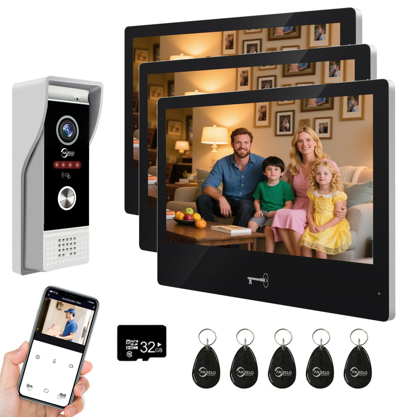 ANJIELO SMART Wired Video Intercom System,10 Inch Touch Monitor with 1080P HD Doorbell Camera,Apartment Door Phone Kit,Support Motion Detechtion RFID Card Unlocking for Home (1 doorbell + 3 Monitor)