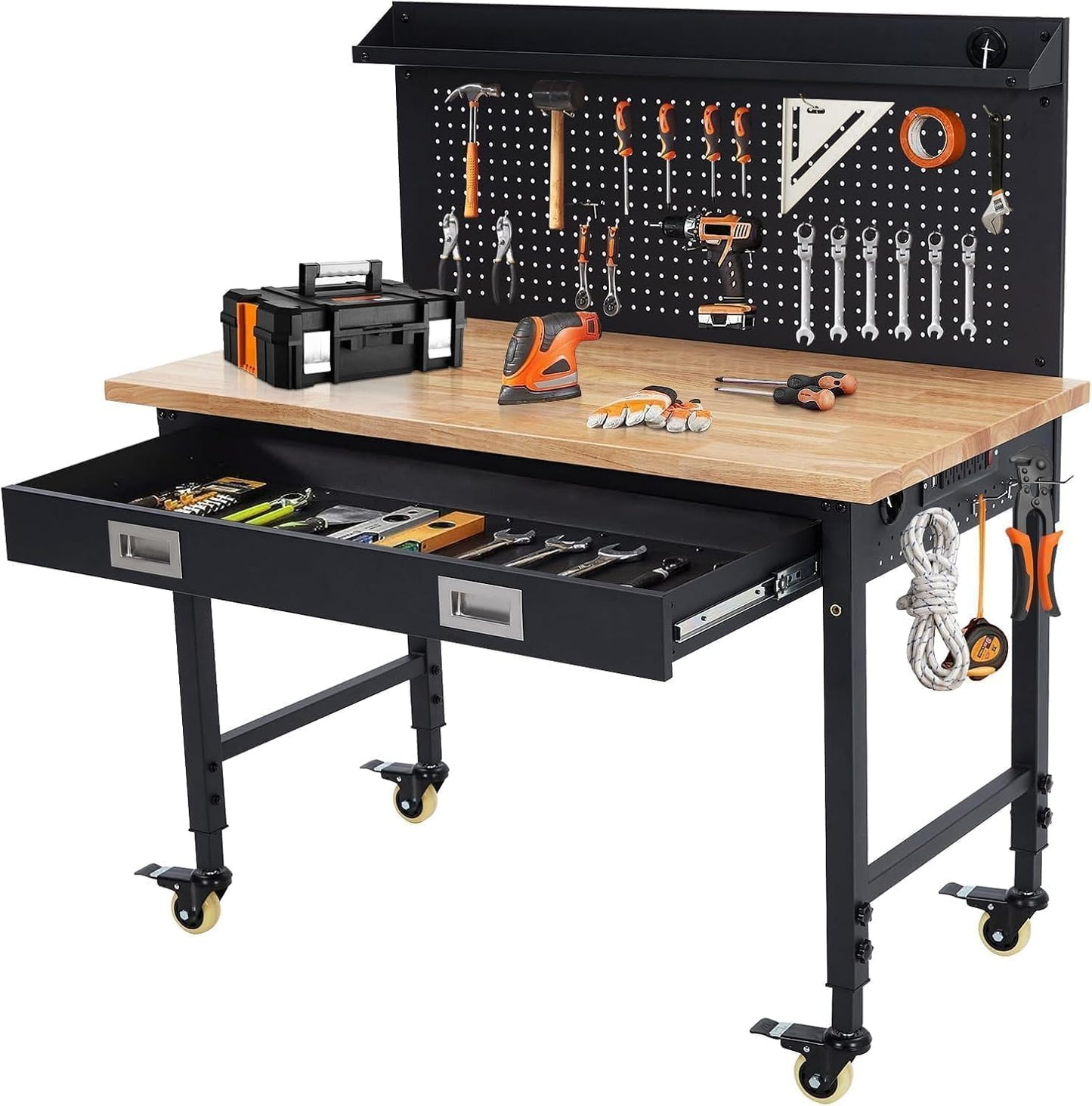 Workbench 48 x 24 Adjustable Height Worktable, 2000 LBS Load Capacity, Heavy Duty Rubber Wood Top, Workbench with Drawers, Pegboard, Power Outlets & Lockable Wheels, with Drawer Back