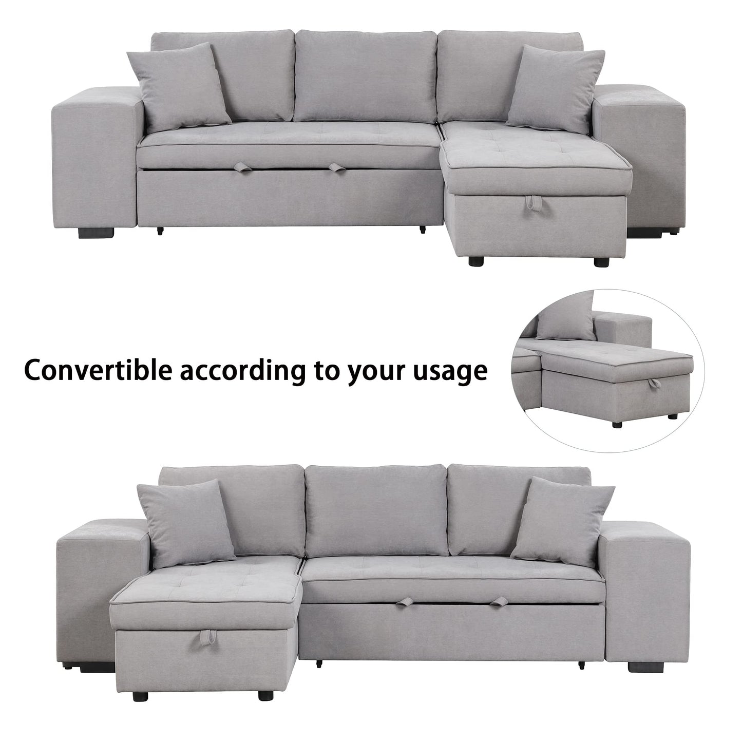 Merax Sleeper Sofa Bed with Reversible Storage Chaise Lounge and 2 Storage Ottoman, L-Shape Couch for Living Room