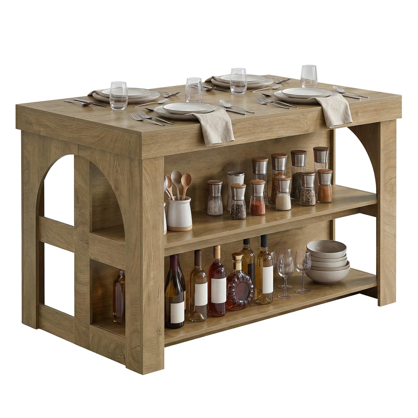 LITTLE TREE Kitchen Island with Storage, 55-Inch Large Stationary Center Island with Seating Space & 3 Shelves, Farmhouse Wooden Bar Table for Kitchen, Rustic Brown