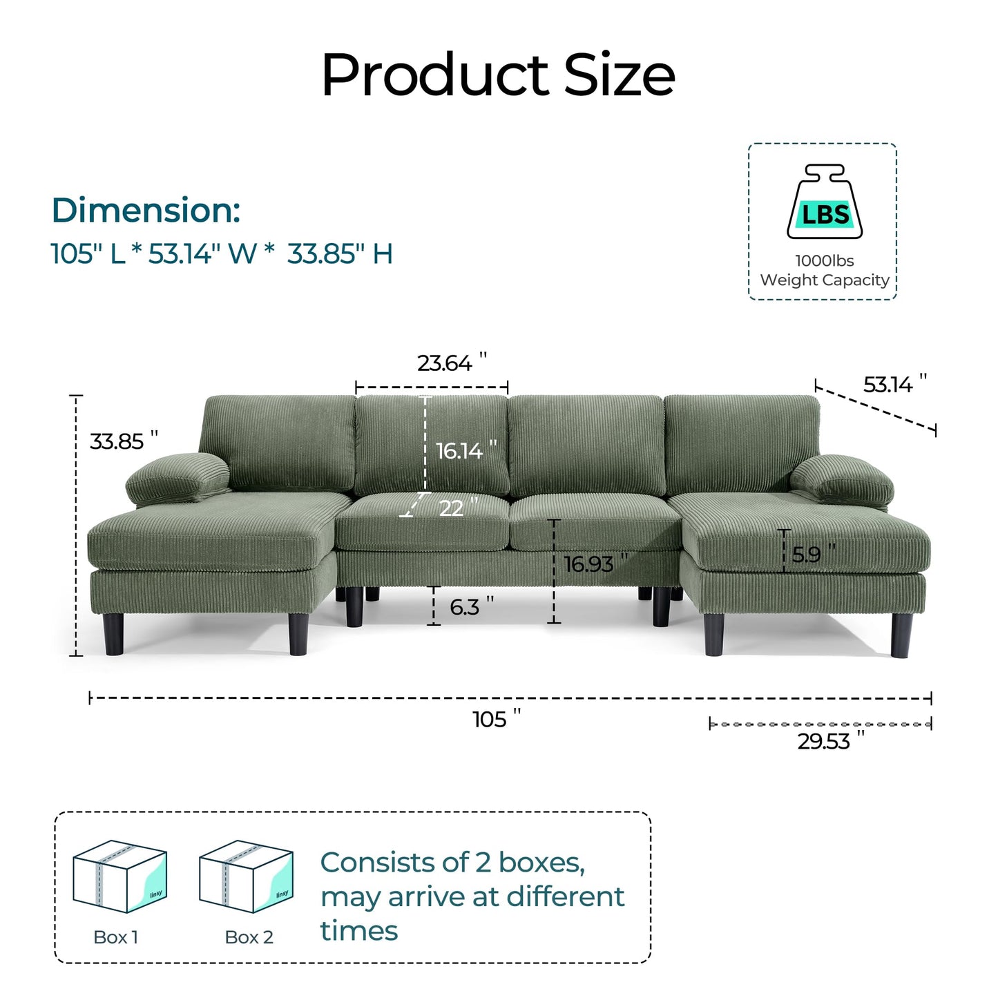 LINSY HOME Sectional Couch, 105'' W Corduroy U Shaped Sofa with Sleepable Armrests, 4 Seat Couch with Double Chaises, Deep Sofa for Living Room, Green