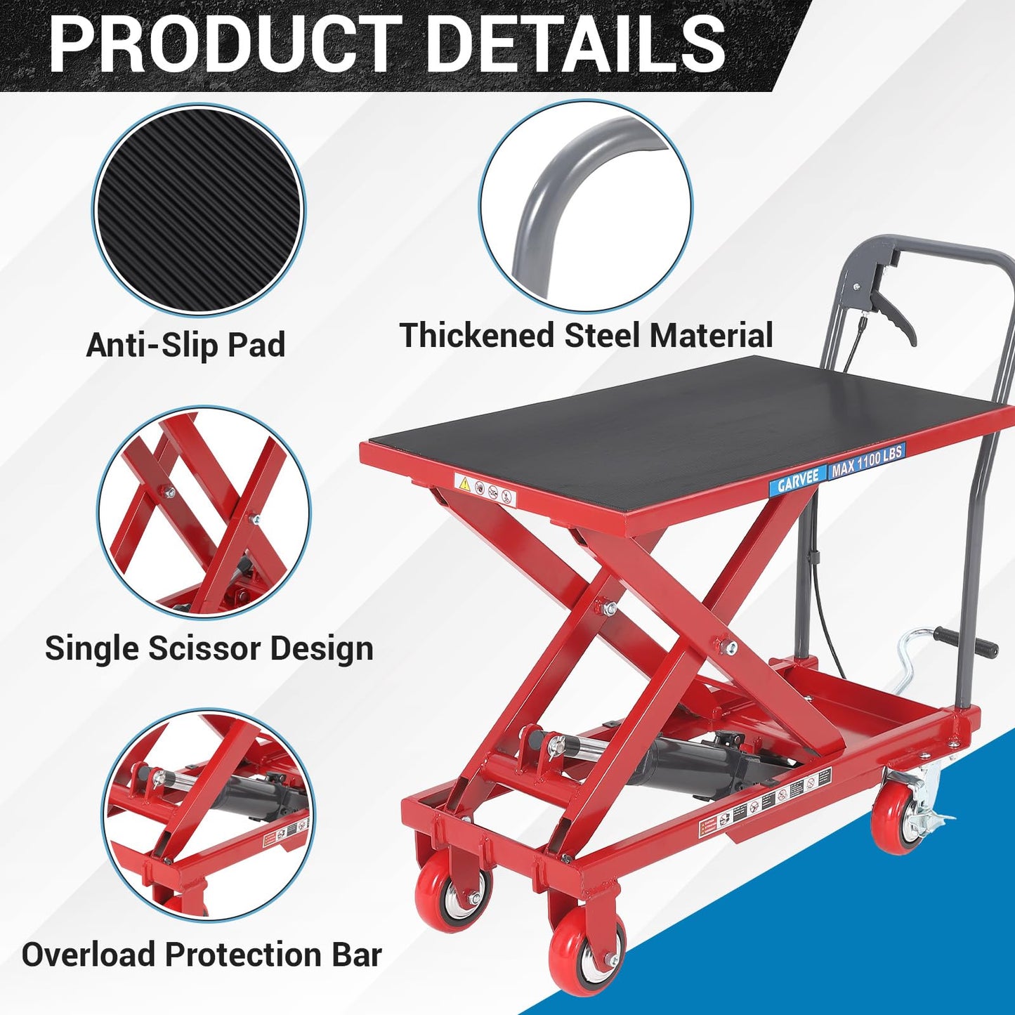 Hydraulic Lift Table Cart, 330lbs Capacity 28.5 in Lifting Height Hydraulic Table Cart, Single Scissor Lift Table with Non-Slip Pad for Material Handling and Transportation, Red