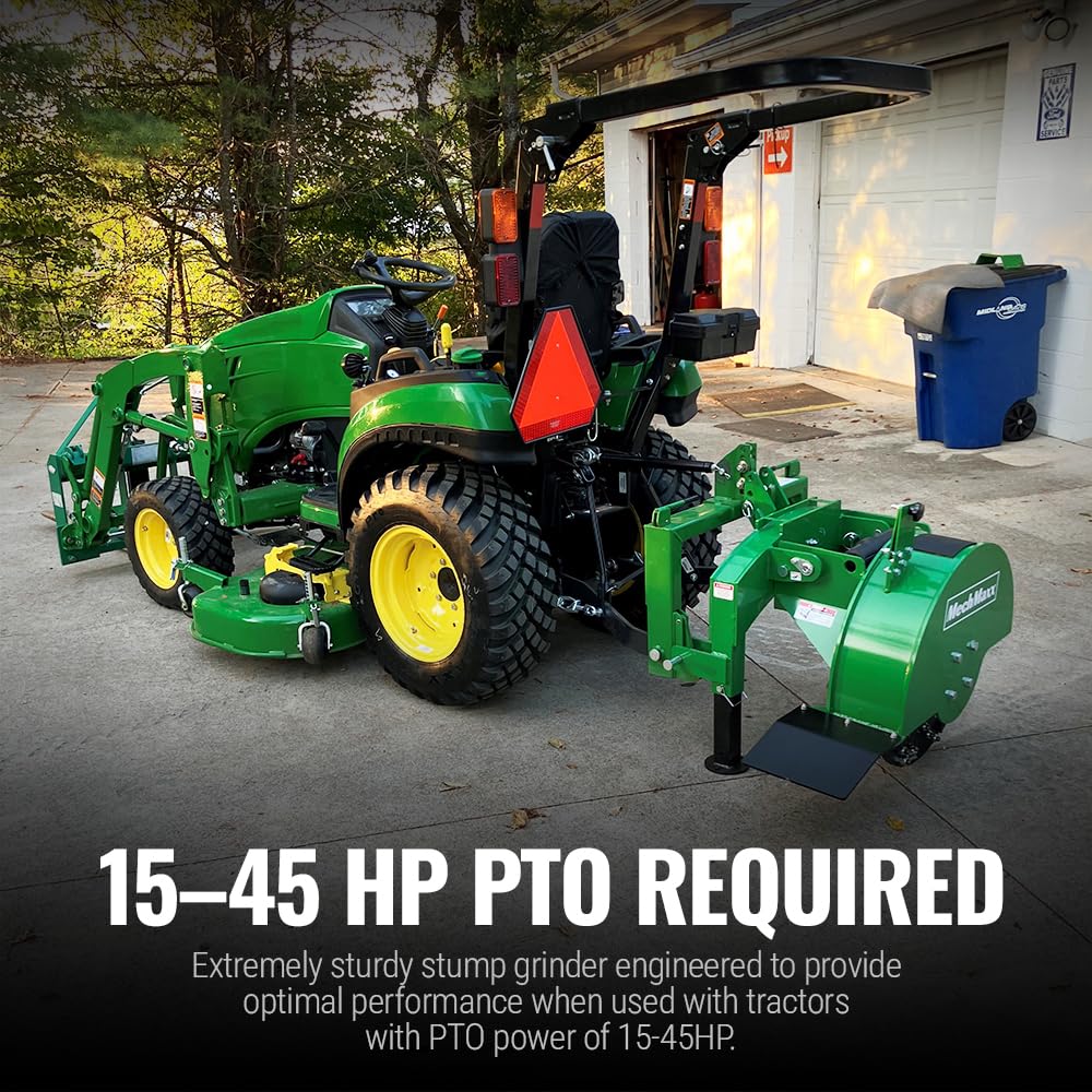 MechMaxx Heavy Duty 3-Point PTO Powered Stump Root Grinder For 15-45HP Tractors With 34 Carbide Teeth, 6'' Cutting Depth, 24'' Flywheel Diameter, Model SG24 Green