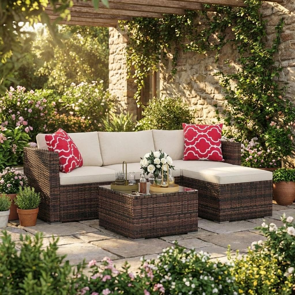 5-Piece L-Shaped Outdoor Patio Furniture Set, PE Wicker Sectional Sofa Set with Cushions and Tempered Glass Table, Steel Frame Conversation Set for Backyard & Poolside – Brown Wicker / Beige Cushions
