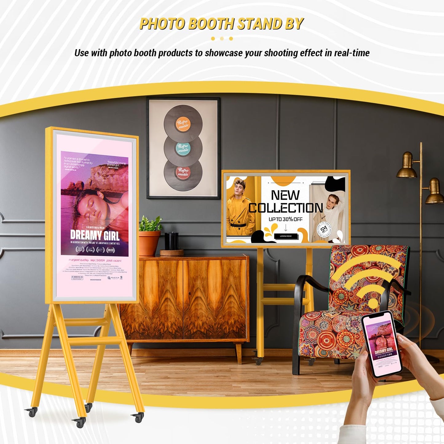 MWE Mobile Digital Signage Display 43in,Portable UHD Touchscreen Advertising Display Kiosk Poster App Publishing,Photo Booth Standby Series Screen Mirroring (Touch Screen, Wooden, 43in)