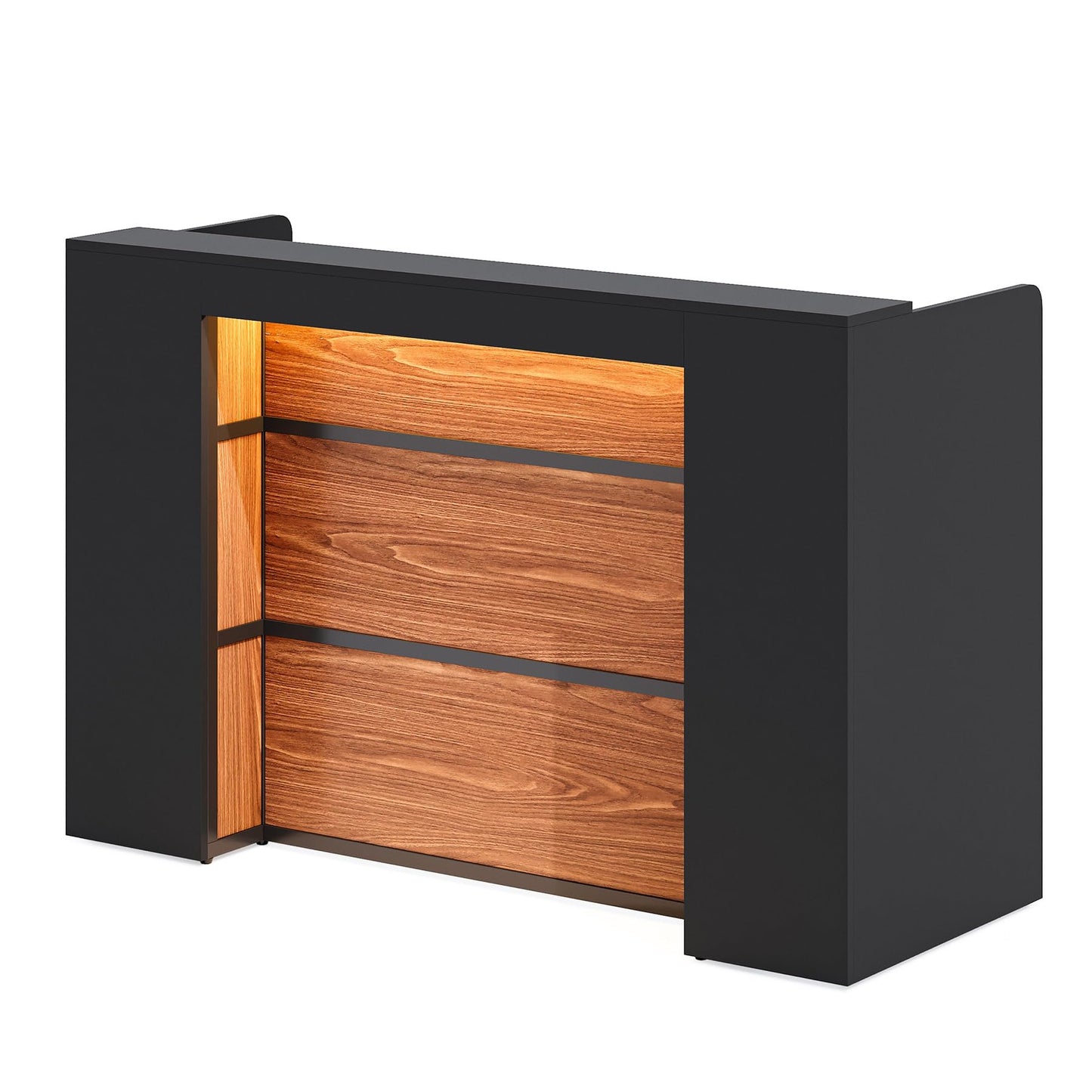 LITTLE TREE 63 Inches Reception Desk, Modern Reception Table with LED Light, Front Counter Desk, Wooden Checkout Counter for Lobbies, Salons, Retail, Home Offices, Reception Room, Black & Brown