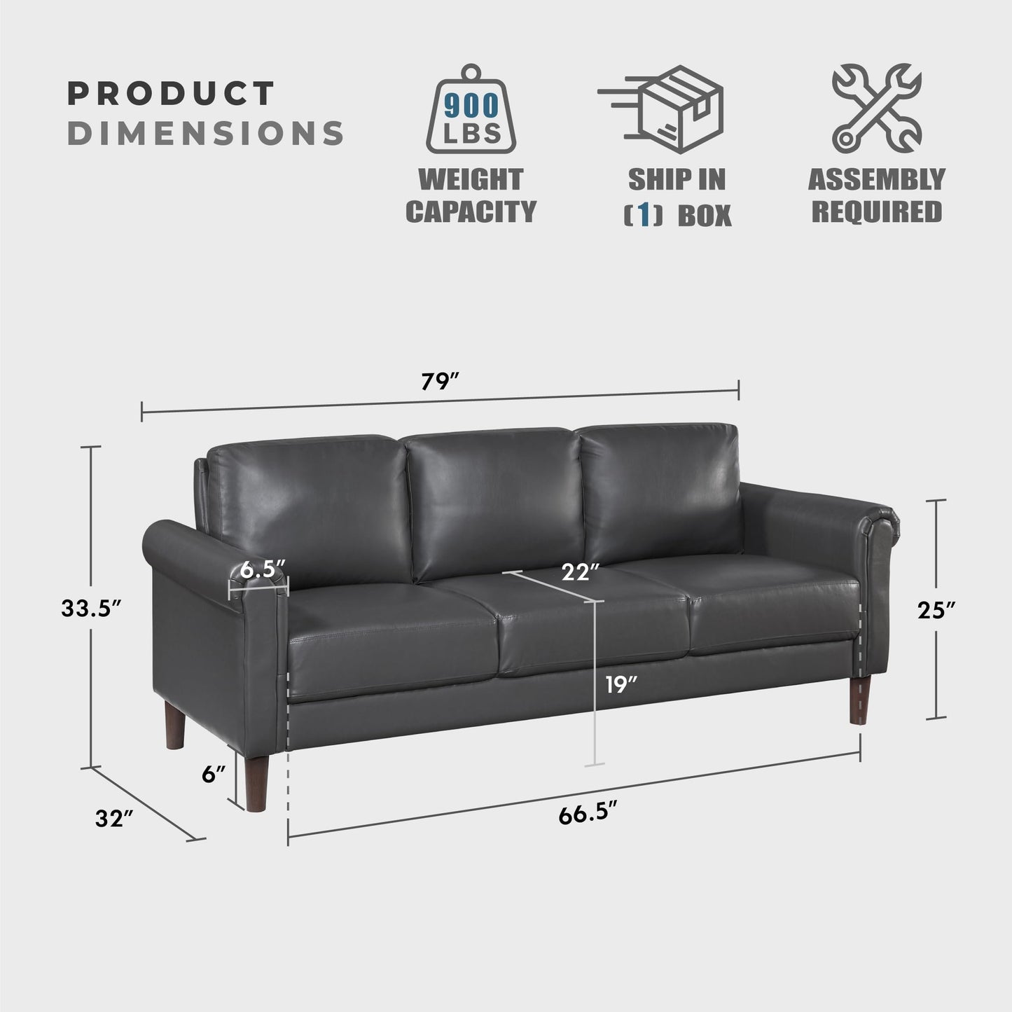 Lexicon 79" W Sofa Couch, Faux Leather Upholstered 3-Seater with Rolled Arms & Wood-Look Feet, Pocket Coil Support, Traditional Living Room, Office or Waiting Room Seating - Dark Gray