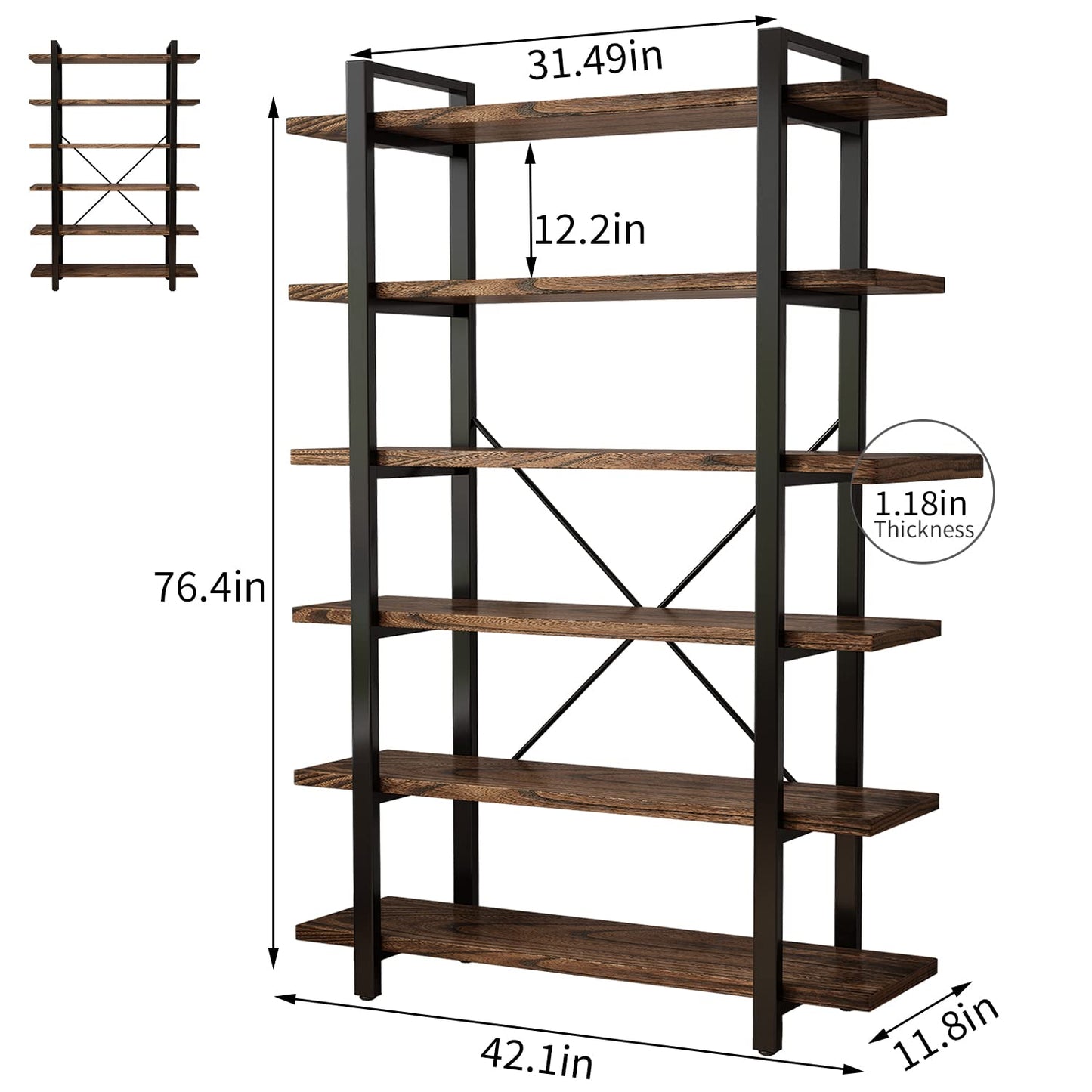 AY-AOYUAN Solid Wood Bookcase and Book Shelves Wood and Metal Shelving Unit 6 Tier Bookshelf Modern Rustic Open Bookshelf Office,Distressed Brown (AY-02-6Tier)