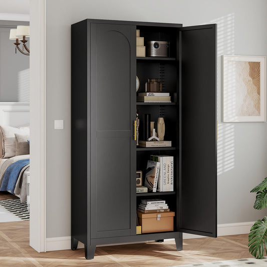 Zevemomo 70.87" H Metal Kitchen Pantry Cabinet, Freestanding Cupboard with 2 Doors and 4 Adjustable Shelves, Tall Metal Storage Cabinet for Kitchen, Bathroom, Dinning Room or Laundry Room （Black）