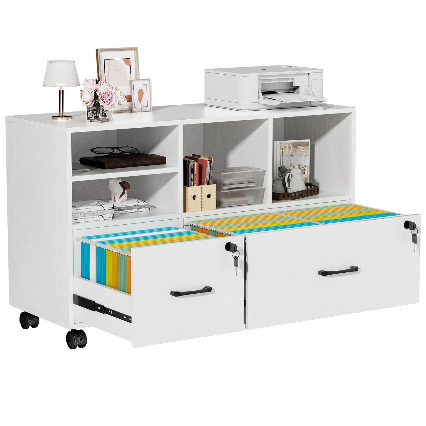 kepptory 2 Drawer Wood Mobile Large Lateral File Cabinet, Lockable Rolling Filing Cabinet with Storage Shelves, Printer Stand Office Storage Cabinet for Home Office Fits Files Legal/A4, White