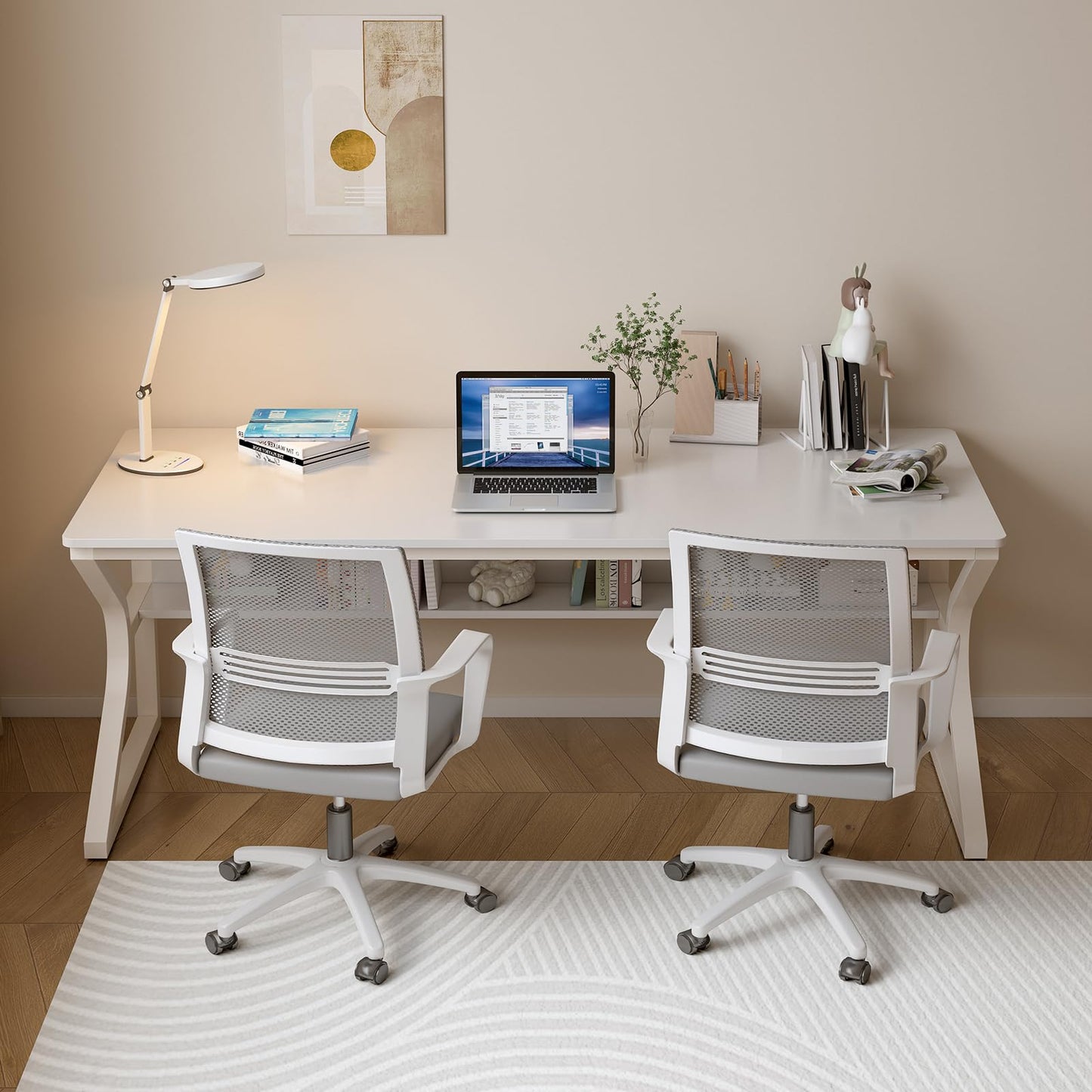 OSCHF Extra Long Desk with Bookshelf - 63" Double Long Writing Table for 2-Person Workstation, Modern Study Work Computer Desk for Home and Office, Warm White
