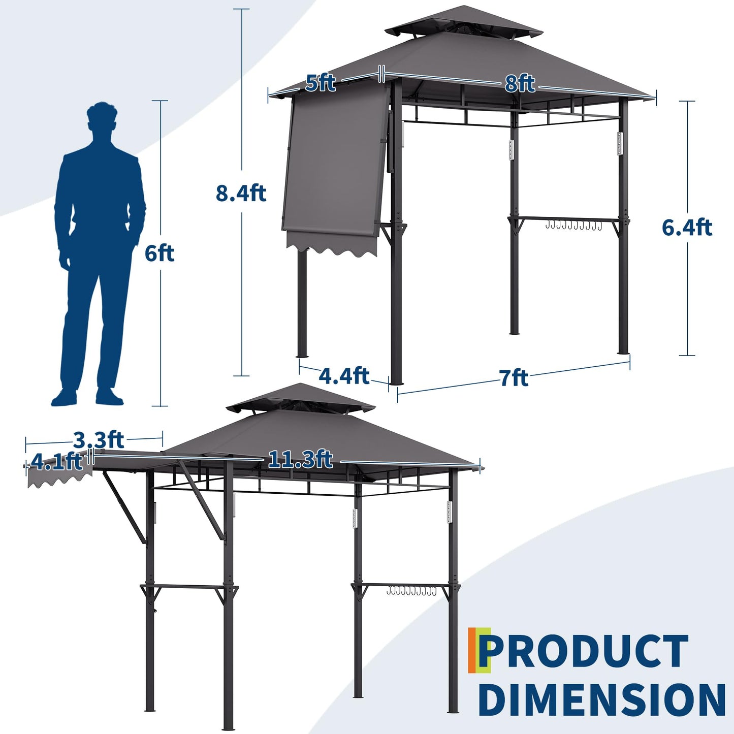 8x5 ft Grill Gazebo, Double Tired Outdoor Patio Canopy Tent with Side Awning Shelves, 4 LED Lights,10 Hooks & Bottle Opener,Heavy Duty Steel Frame Grilling Canopy for Patio Backyard Garden Picnic,Grey