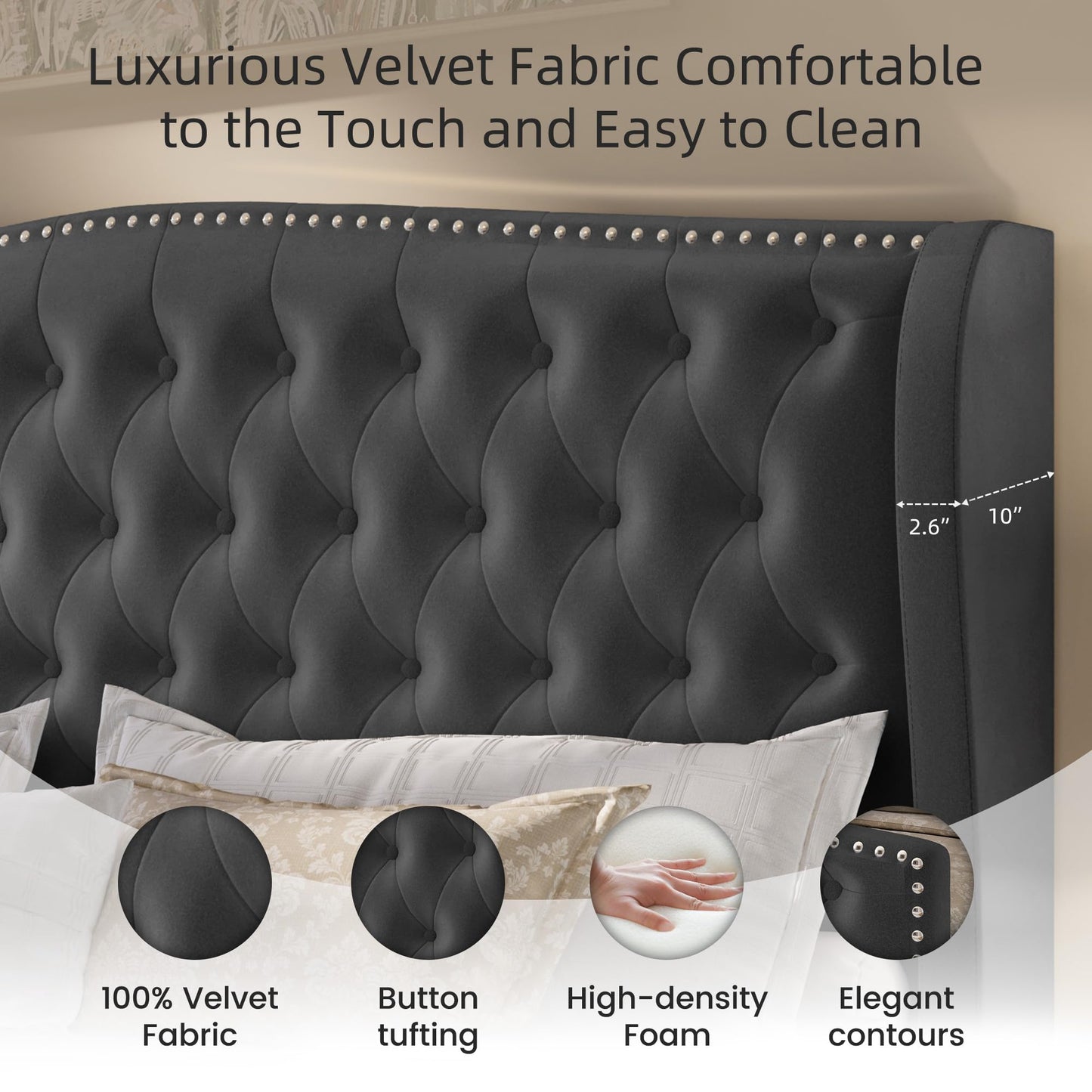 BRELTAM Upholstered King Size Bed Frame Velvet Tufted Bed Frame with Wingback Headboard & Footboard, with Deep Button Tufted & Nailhead Wooden Slats Support, No Box Spring Needed,Grey