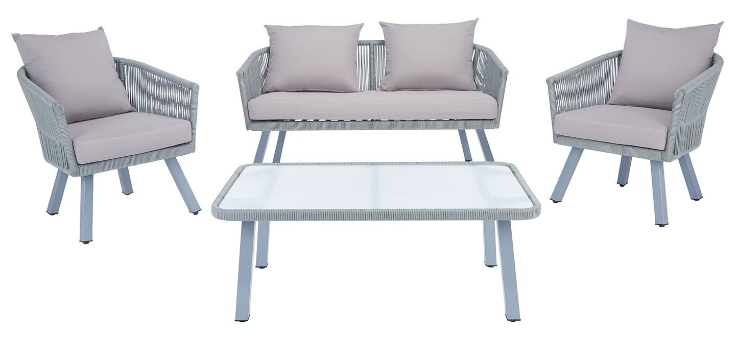 Safavieh Outdoor Collection Belmi Wicker Cushion 4-Piece Rope Patio Backyard Living Set PAT7517C, Grey/Grey
