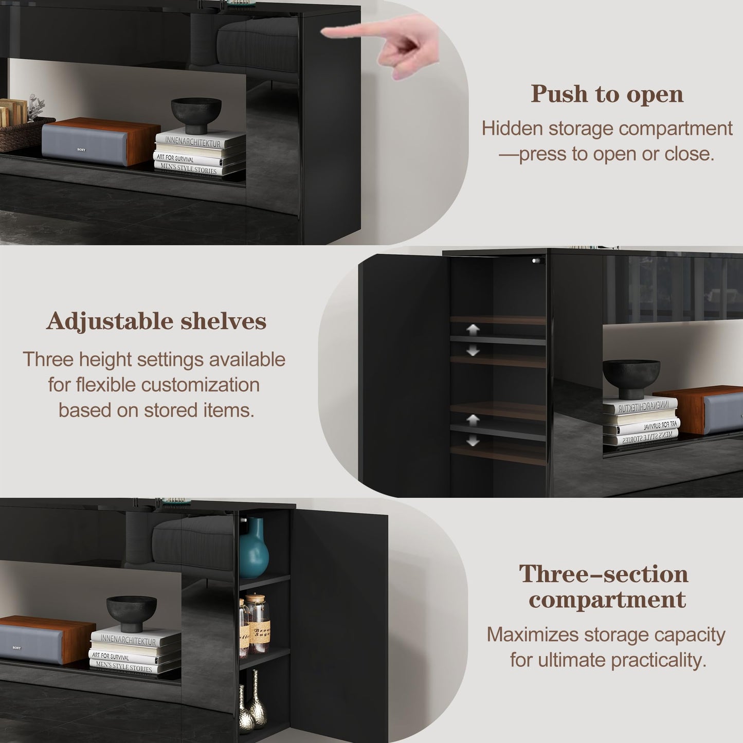 65" TV Stand with 2 Drawers & Hidden Storage Cabinets, High Gloss Black