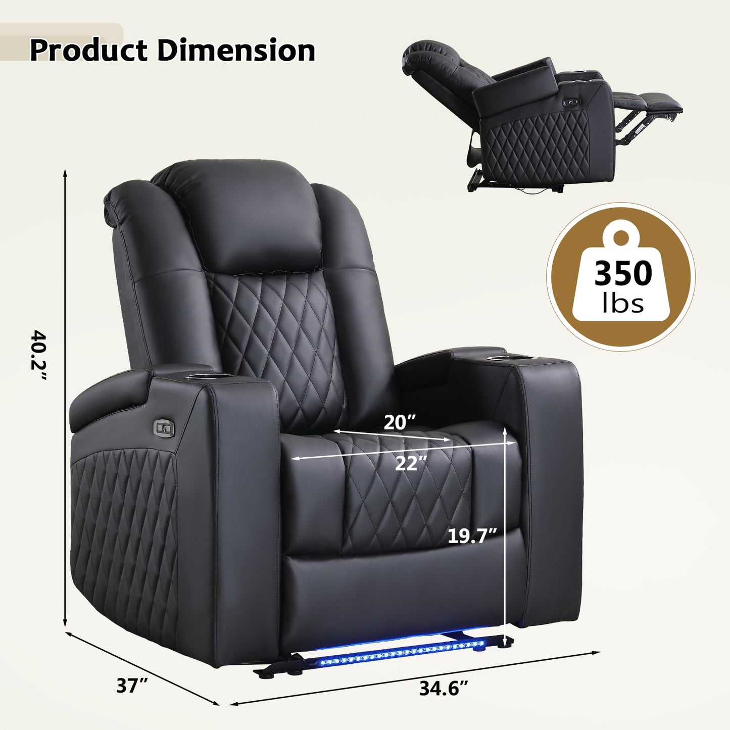 ANJ Home Theater Seating Power Recliner with Hidden Arm Storage, Faux Leather Recliners with LED Light, Electric Movie Reclining Chairs with USB Ports & Cup Holders for Media Living Room, Black