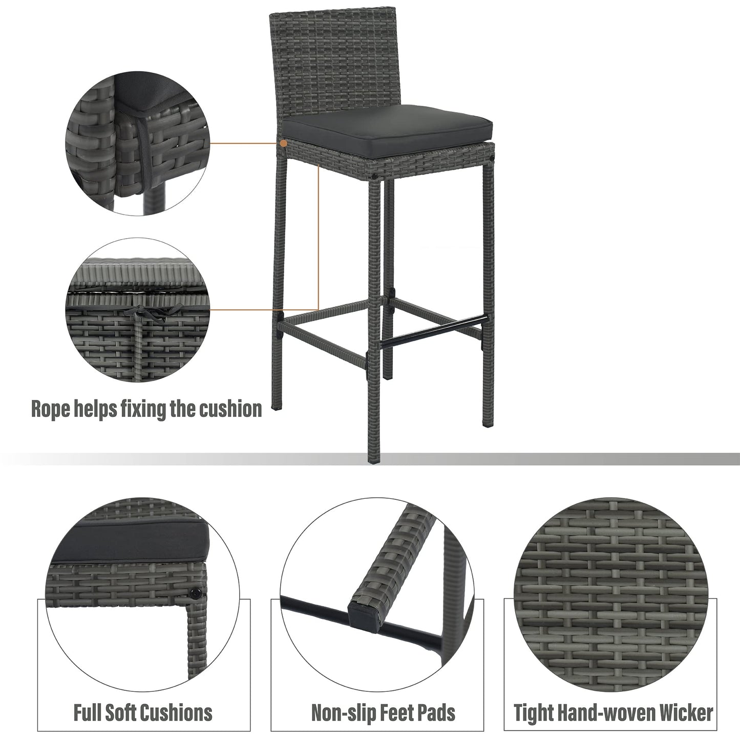 Merax 5 Pieces Outdoor Patio Wicker Bar Set, 4 Bar Height Chairs with Nonslip Feet and Gray Removable Cushion, Dining Table with Brown Acacia Wood Top and Gray Wicker