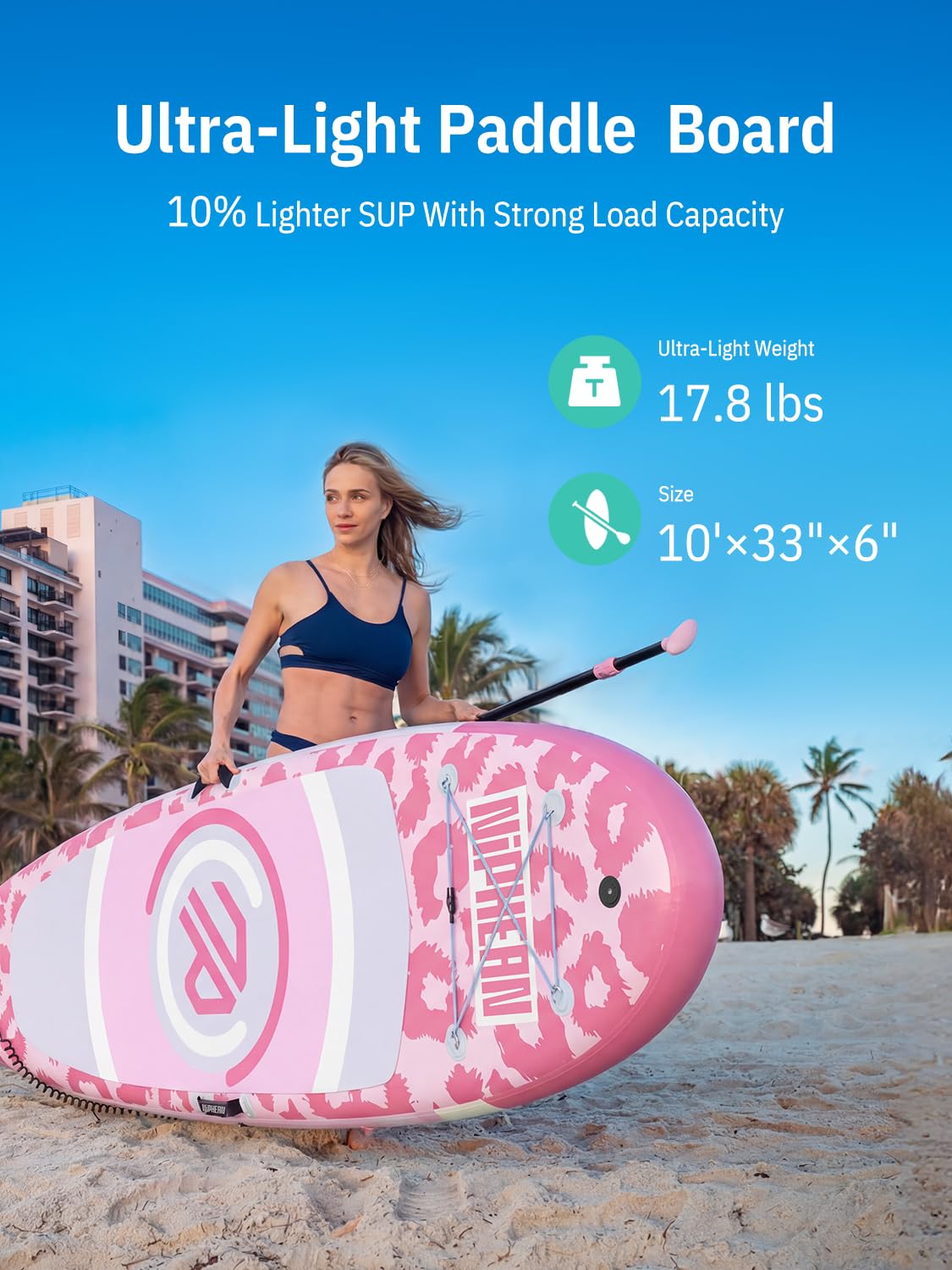Niphean（Ultra-Light） Inflatable Paddle Board with StabilTrac Fin and Durable SUP Accessories, 10' Stand Up Paddle Boards for Adults & Youth, Versatile Yoga Paddle Board, Gift Ideas-Candy Leopard