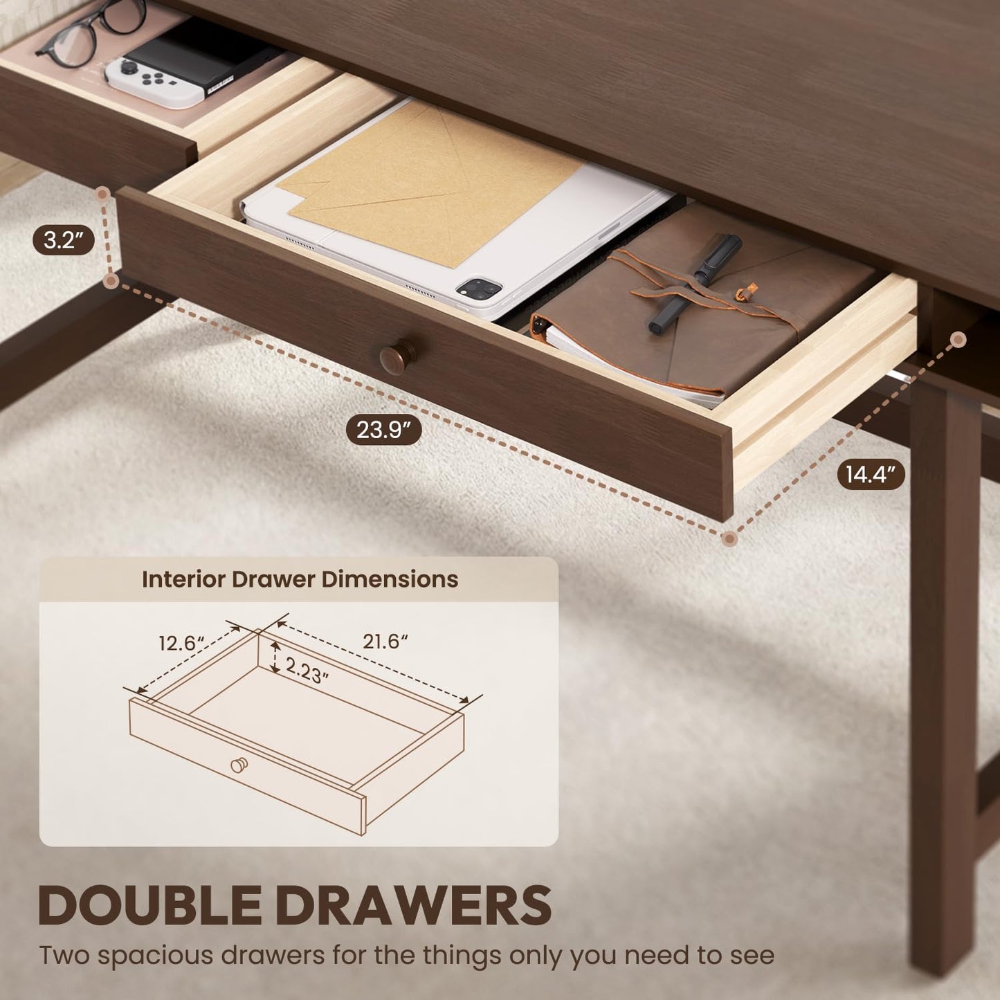ELEVAQ Double-Top Solid Wood Desk - 60-Inch Mid-Century Modern Writing Table with Drawers for Home Office, Study, and Creation, Rubberwood Computer Desk in Black Walnut