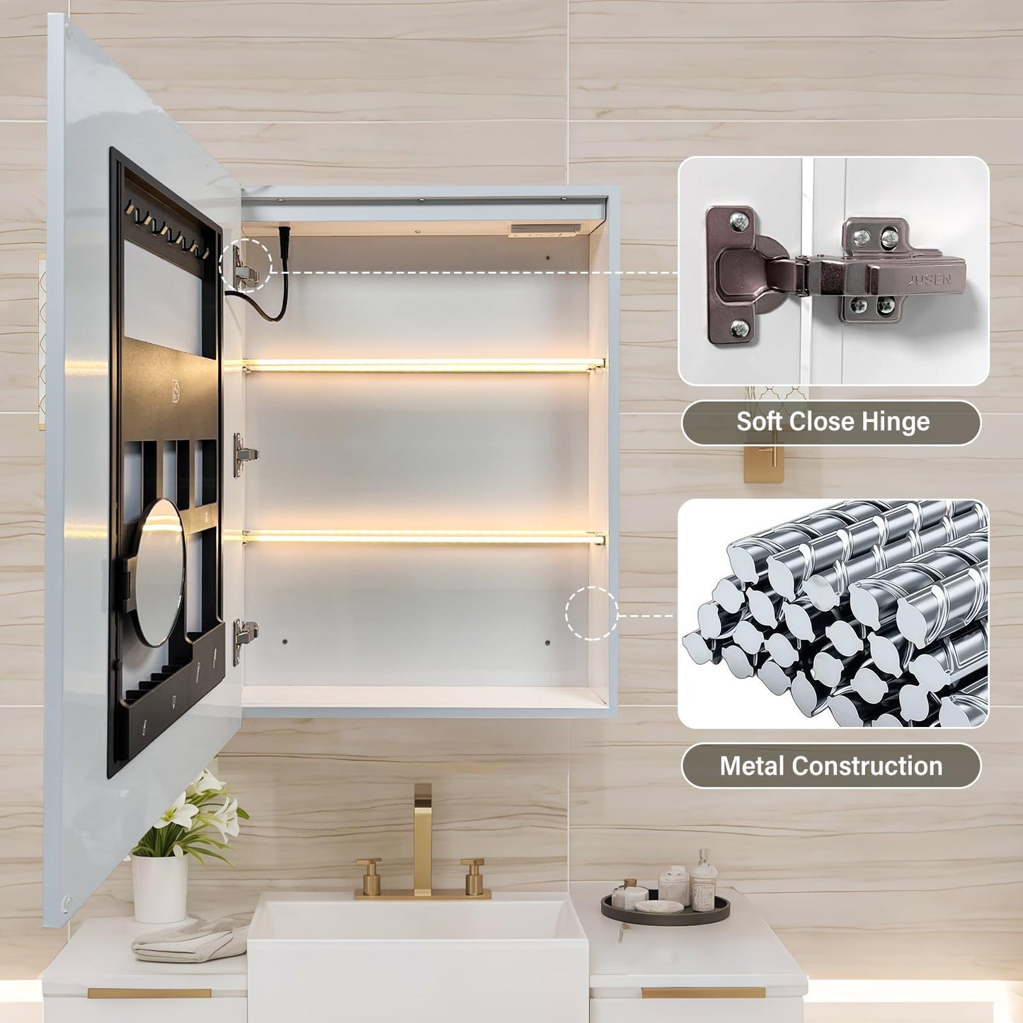 KAASUNES LED Medicine Cabinet with Light,Mirror Cabinet with Cosmetics Storage Rack,3X Magnifier Makeup Mirror,Lighting Glass Shelf,3 Colors&Dimmer,22×30inch,White