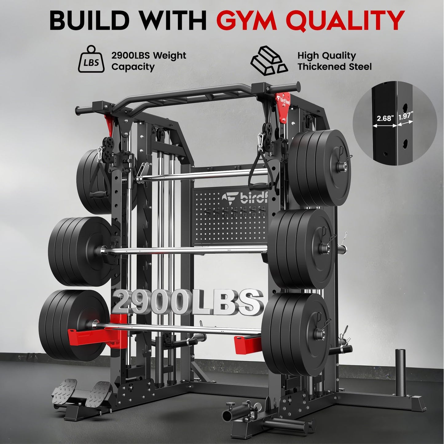 Birdfeel Multi-Function 2000LB Smith Machine Power Cage, Home Gym Squat Rack Featuring LAT Pulldown, Dual Pulley Cable Crossover, Gym-Quality Power Rack with Strength Training Attachments, Pegboard
