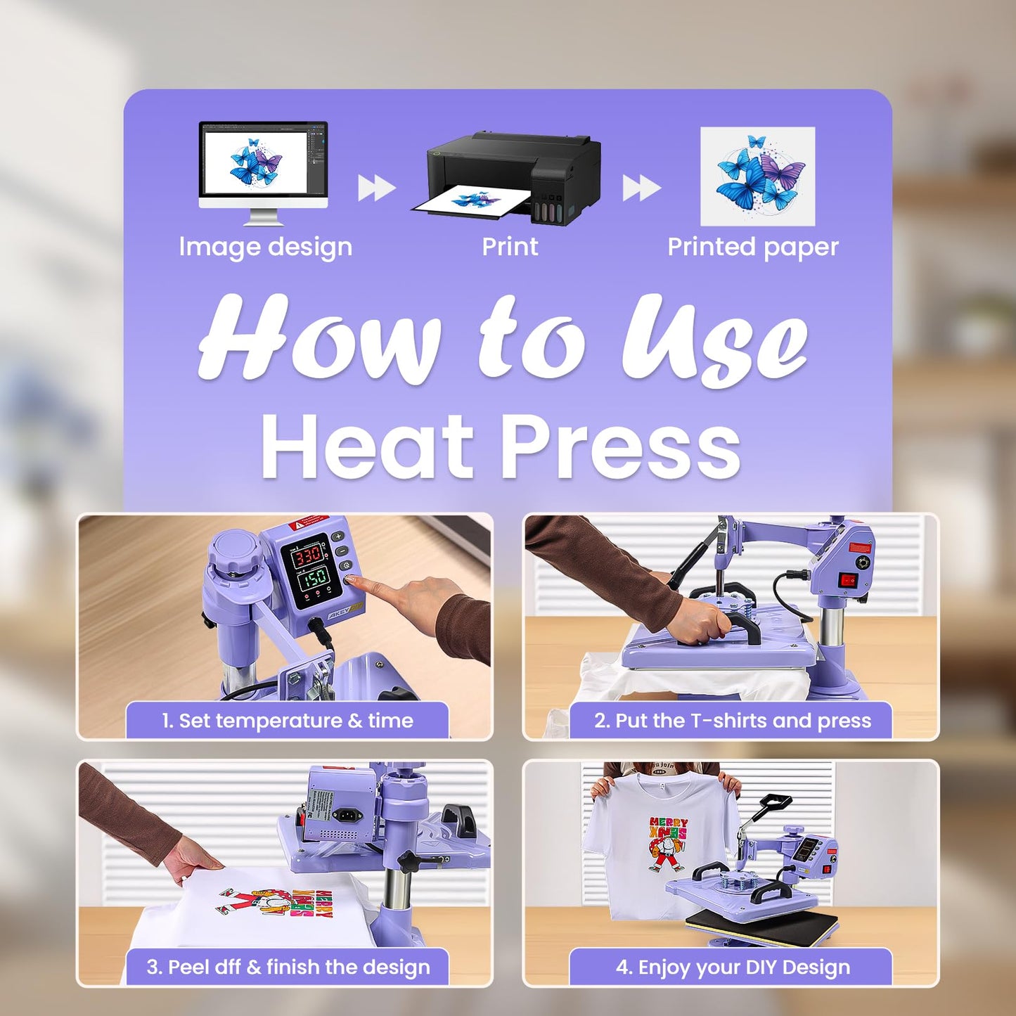 AKEYDIY Heat Press 15x12 Inch, 8 in 1 Heat Press Machine for T-Shirts Hat Cap Mug Plate, 360° Swing Away Shirt Pressing Machine, Sublimation Heat Transfer Machine with Tumbler Press Hat Press, Purple
