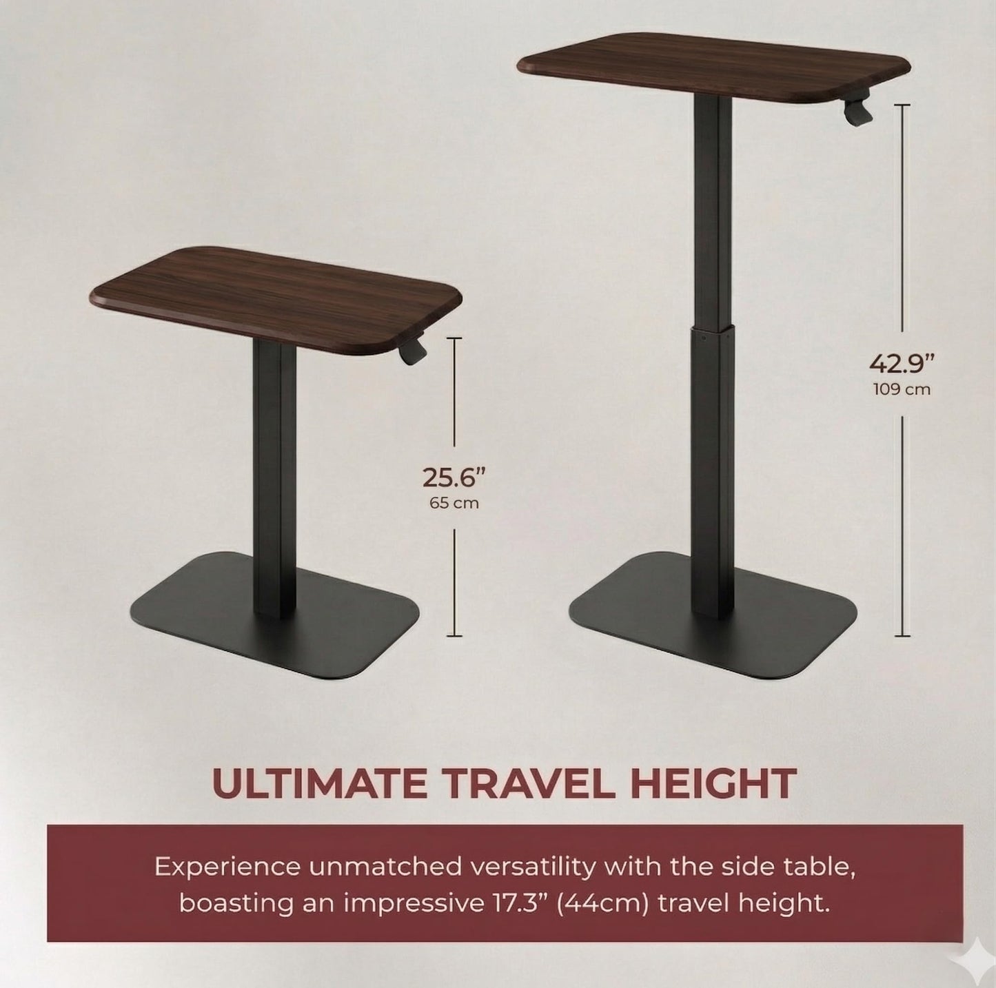 Ergohome Elevance Height Adjustable Side Table, Black Base, Walnut Top | Sofa Laptop Table for Couch & Bed | Small C-Shape End Table for Home or Office