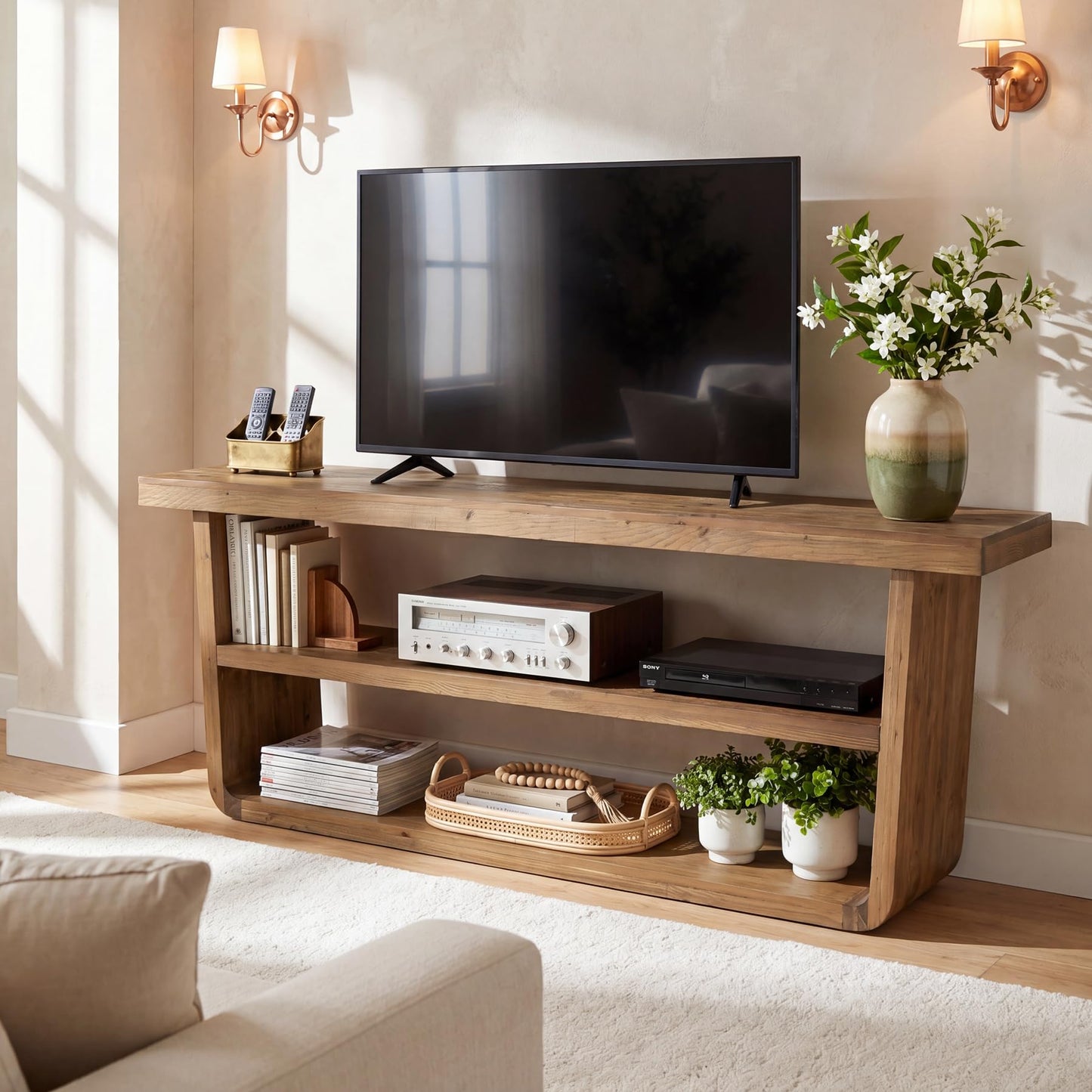 TRIBEWOOD 63" Solid Wood TV Stand, 3-Tier Entertainment Center with Storage, Farmhouse Television Stand for 55/60/65/75-Inch TVs, Wooden TV Table for Living Room, Bedroom