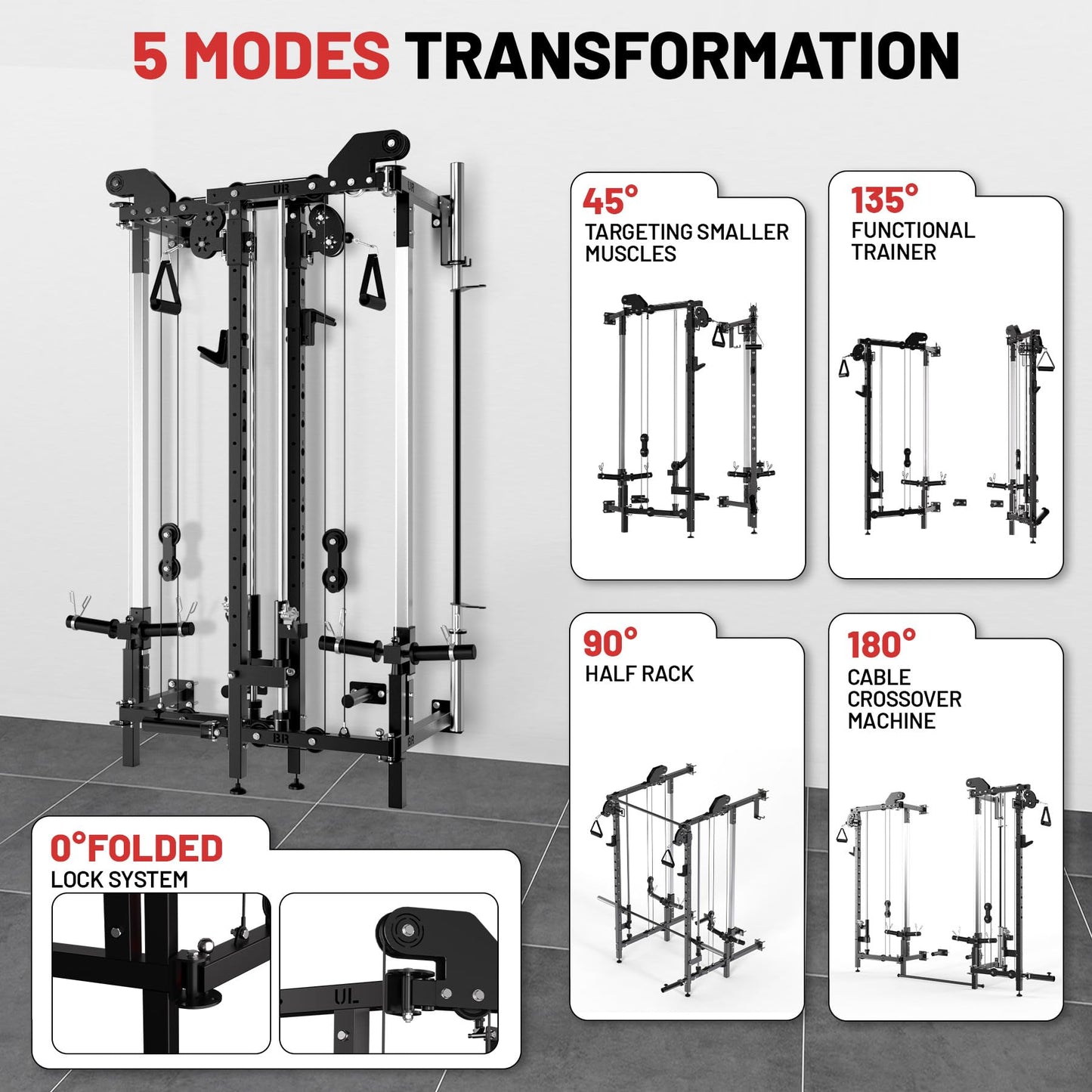 Garvee Wall Mount Smith Machine, Folding Power Rack with Independent Dual Pulley System, Multi-Function Squat Rack, Heavy Duty Power Cage Workout Equipment for Home Gym Strength Training