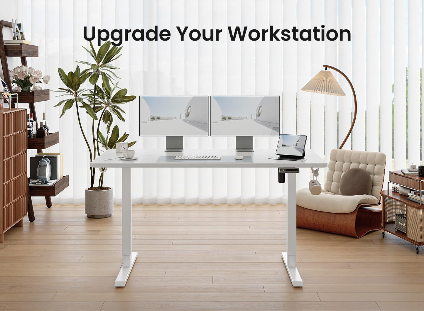 BANTI 63 × 28 Inches Standing Desk, Ergonomic, Electric Height Adjustable, Sit and Stand Up, Computer Desk with a Deeper Desktop, White Frame/Whitetop