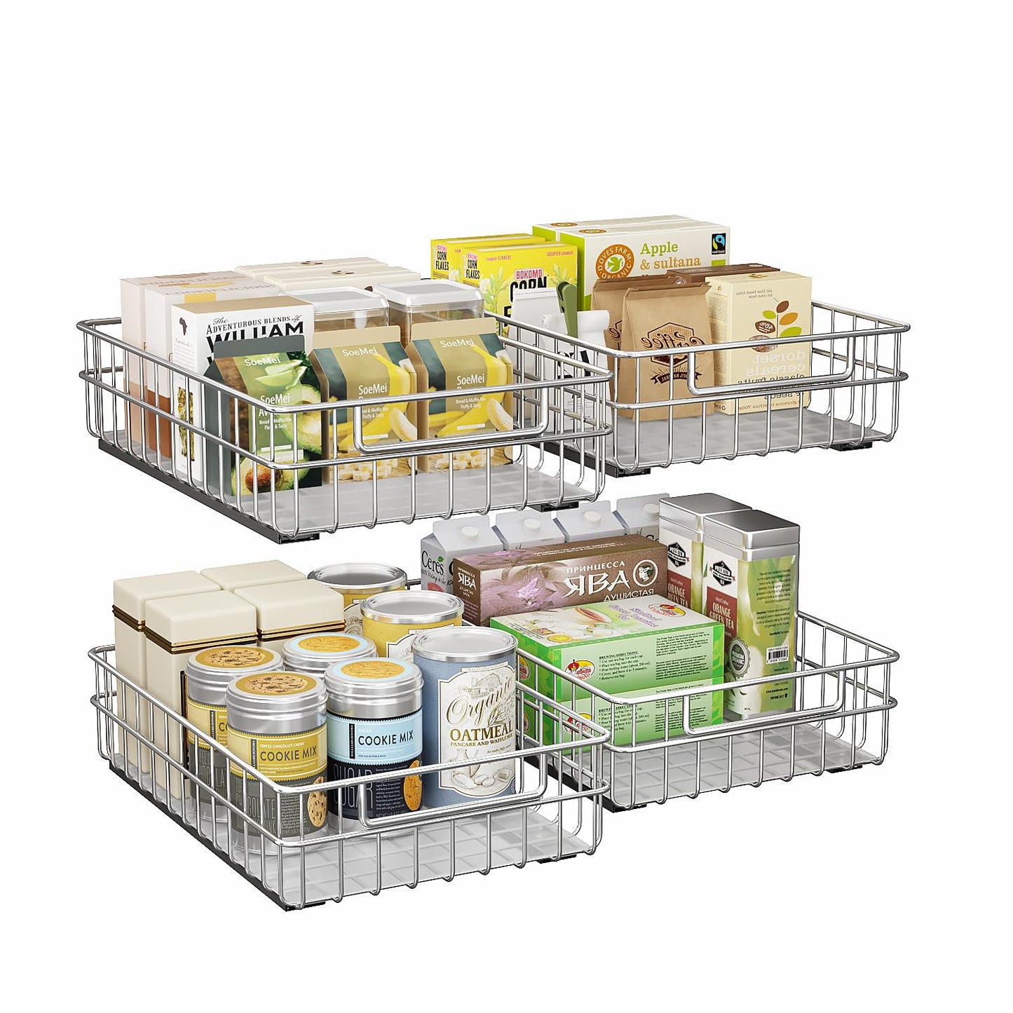 Pull out Cabinet Organizer, Stainless Steel 4-Pack Slide out Drawer with Silent Full-Extension Slides, Adhesive Roll out Can Spice Storage Basket Shelf Rack for Pantry, Kitchen, Bathroom, Home Closet