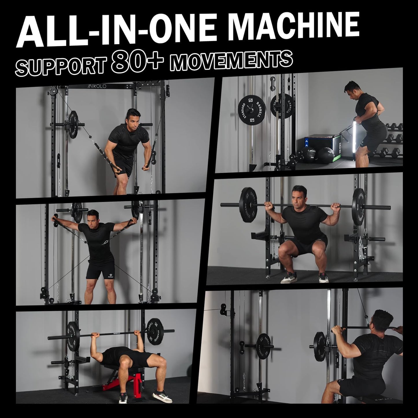 Mikolo Folding Squat Rack, Wall Mounted Power Rack with Cable Crossover Machine & LAT Pull Down, Functional Trainer with 5 Adjustable Function Modes, for Home Gym and Space Saving(Red)