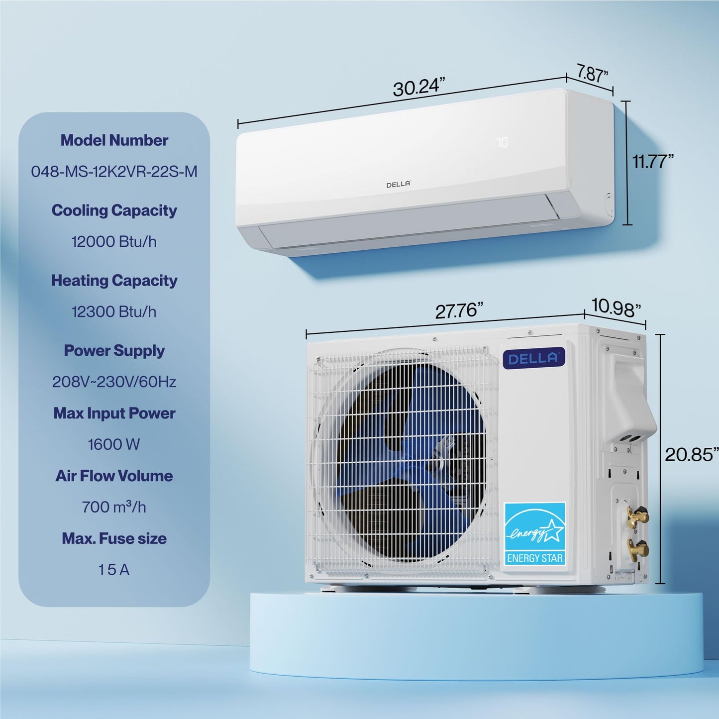 DELLA Serena 22 SEER2 12000 BTU Mini Split Heat Pump Works with Alexa, Energy Star 1 Ton Pre-Charged 230V Ductless AC Unit Inverter Air Conditioner System for Rooms up to 550Sq.Ft, 16.4ft Install Kit